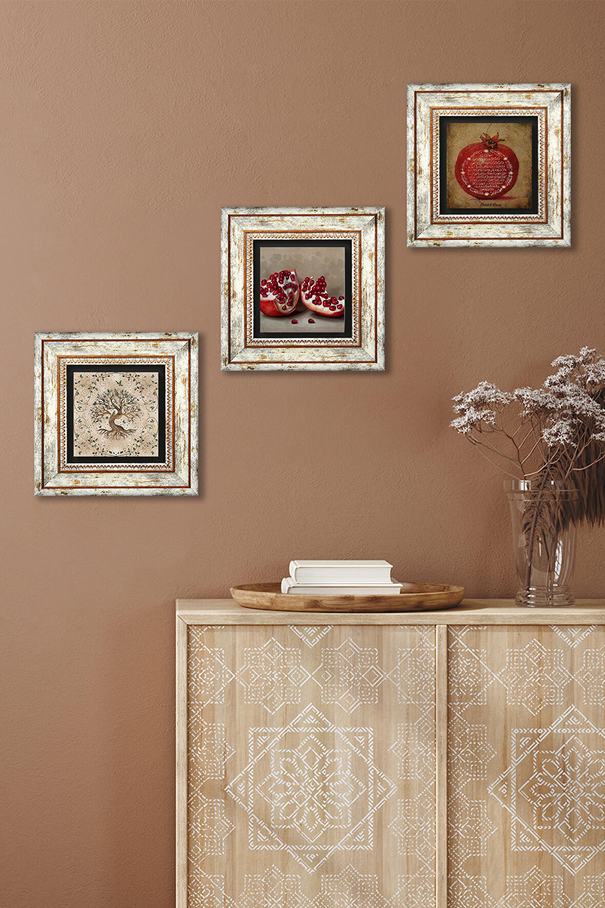 Bereket Duası, Hayat Ağacı, Nar Taş Duvar Tablosu Çerçeveli Duvar Dekoru 3 Parça Tablo Seti Wall Art