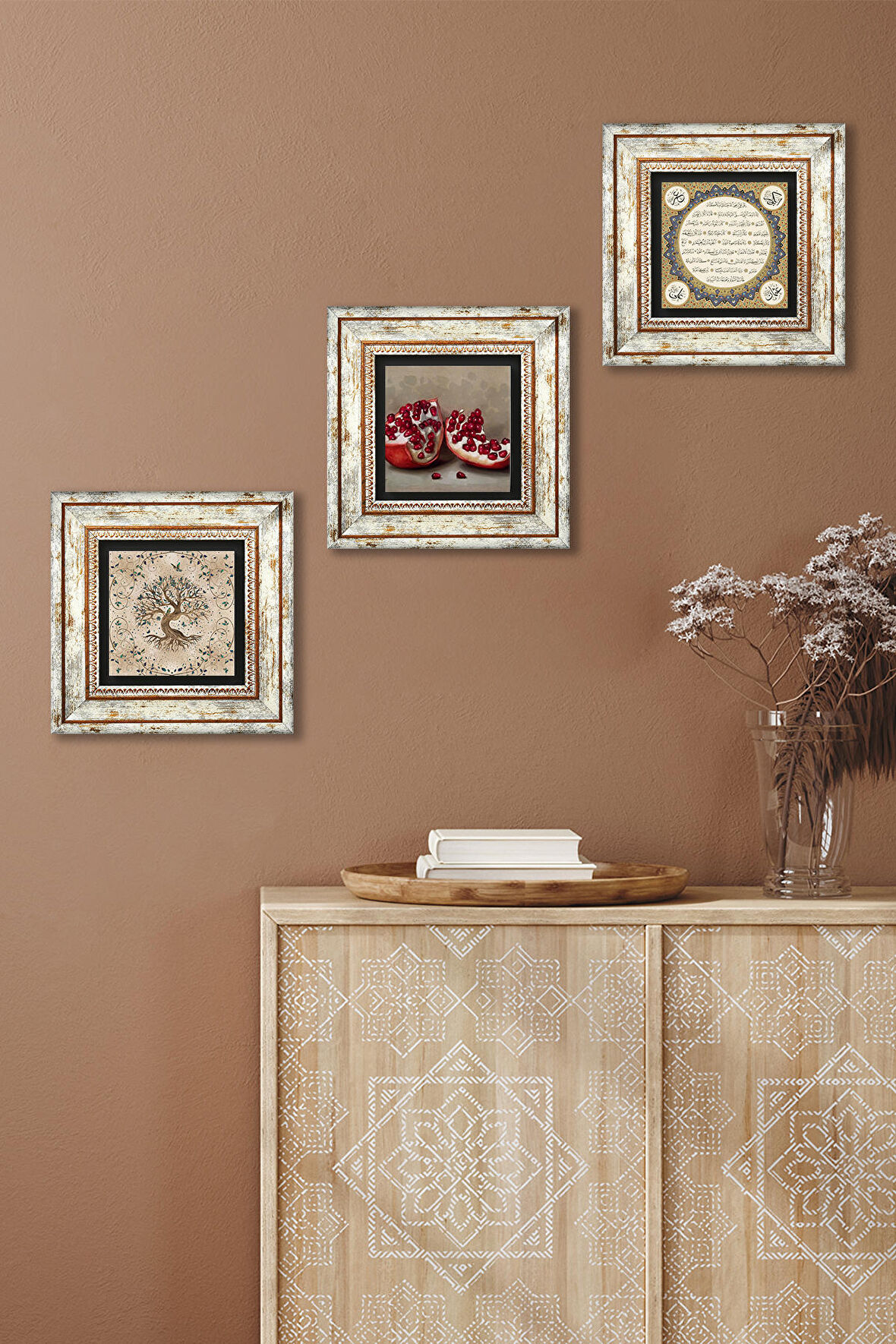 Hilye-i Şerif, Hayat Ağacı, Nar Taş Duvar Tablosu Çerçeveli Duvar Dekoru 3 Parça Tablo Seti Wall Art