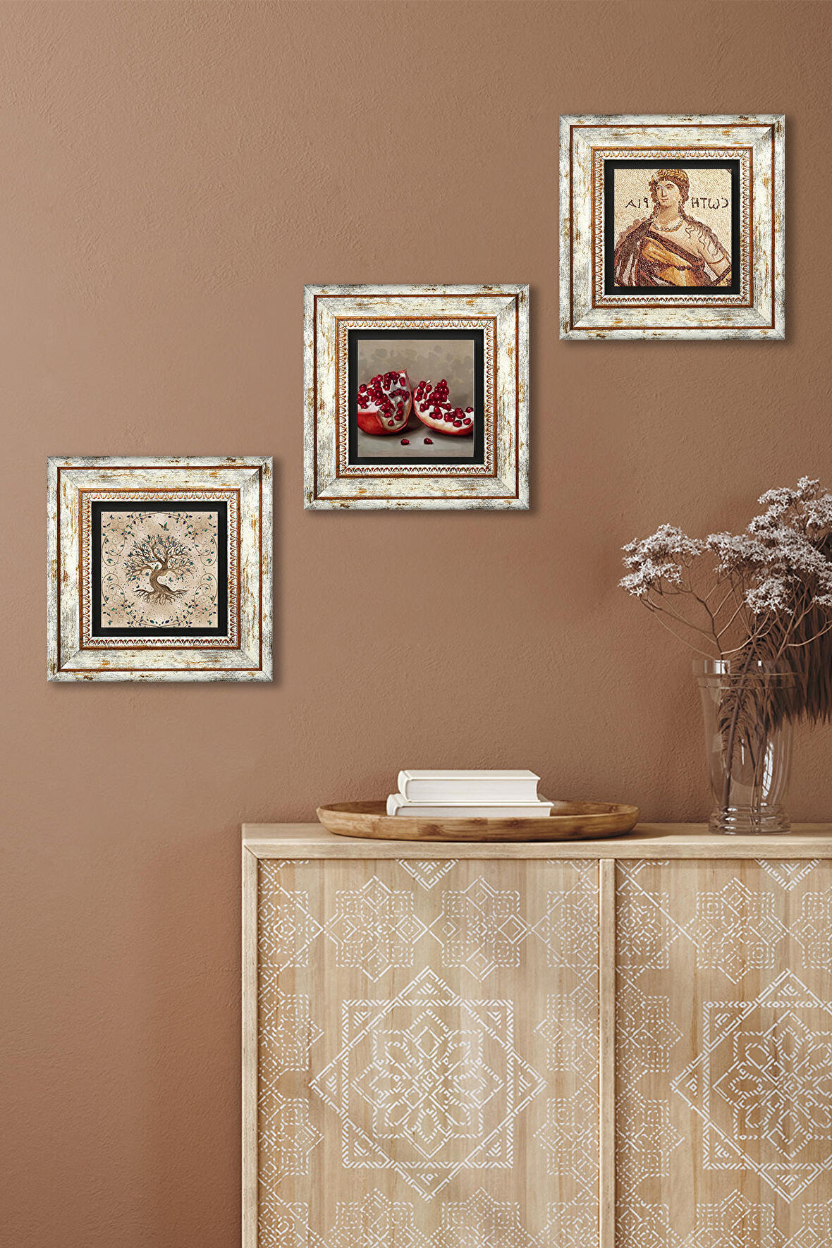 Soteria Mozaiği, Hayat Ağacı, Nar Taş Duvar Tablosu Çerçeveli Duvar Dekoru 3 Parça Tablo Seti Wall Art