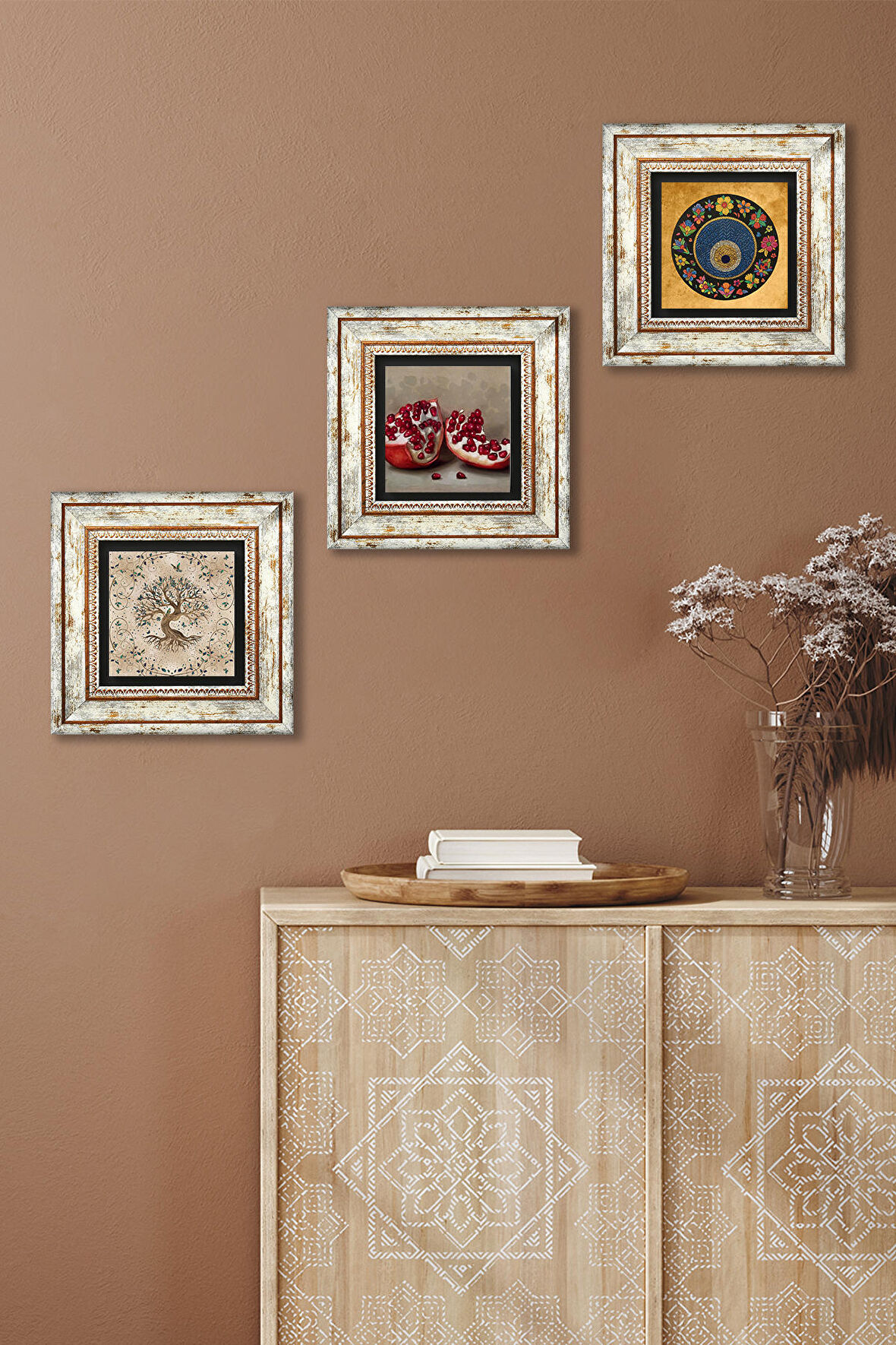 Nazar Boncuğu, Hayat Ağacı, Nar Taş Duvar Tablosu Çerçeveli Duvar Dekoru 3 Parça Tablo Seti Wall Art