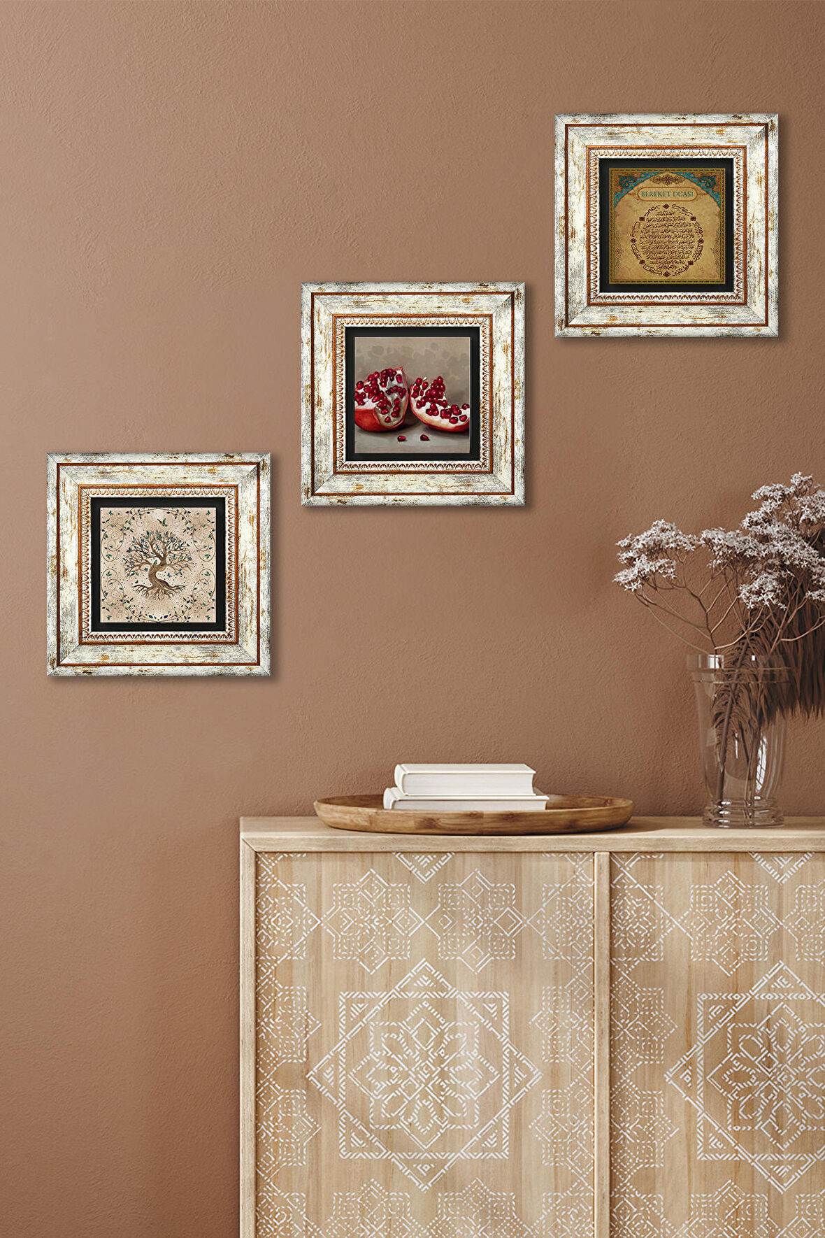 Bereket Duası, Hayat Ağacı, Nar Taş Duvar Tablosu Çerçeveli Duvar Dekoru 3 Parça Tablo Seti Wall Art