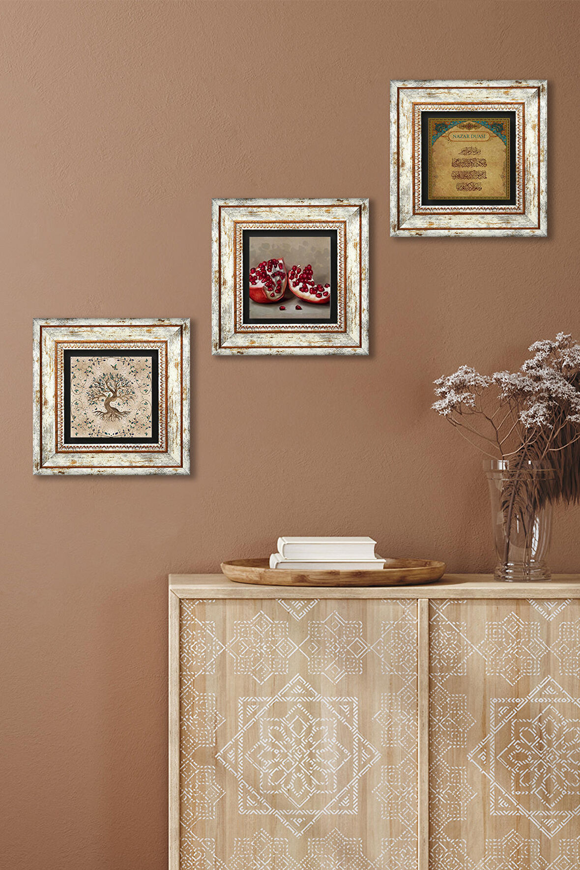 Nazar Duası, Hayat Ağacı, Nar Taş Duvar Tablosu Çerçeveli Duvar Dekoru 3 Parça Tablo Seti Wall Art