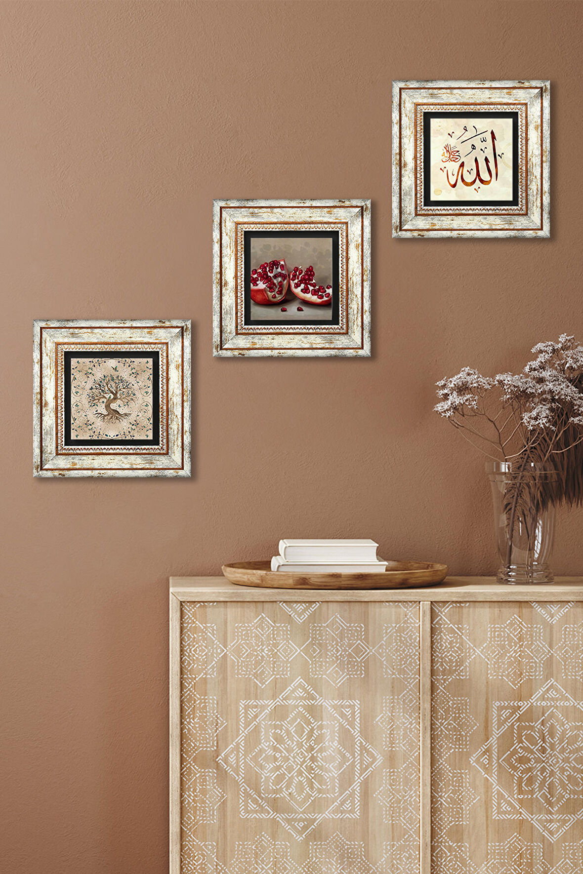 Allah Lafzı, Hayat Ağacı, Nar Taş Duvar Tablosu Çerçeveli Duvar Dekoru 3 Parça Tablo Seti Wall Art