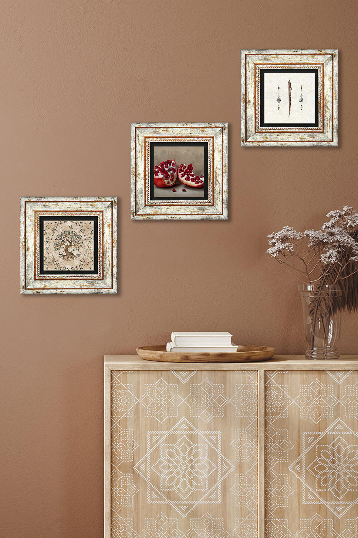 Elif, Hayat Ağacı, Nar Taş Duvar Tablosu Çerçeveli Duvar Dekoru 3 Parça Tablo Seti Wall Art