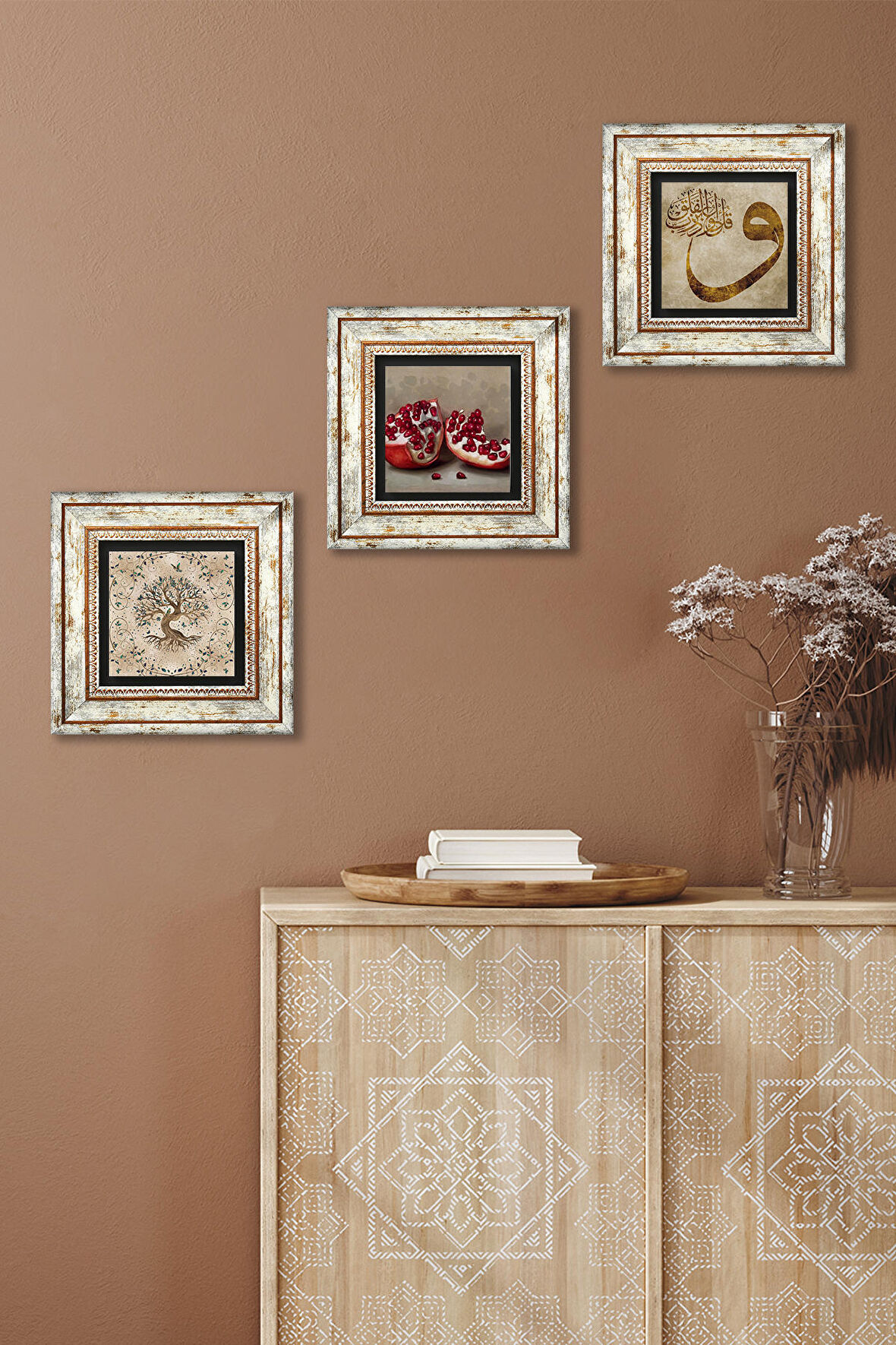 Vav, Hayat Ağacı, Nar Taş Duvar Tablosu Çerçeveli Duvar Dekoru 3 Parça Tablo Seti Wall Art