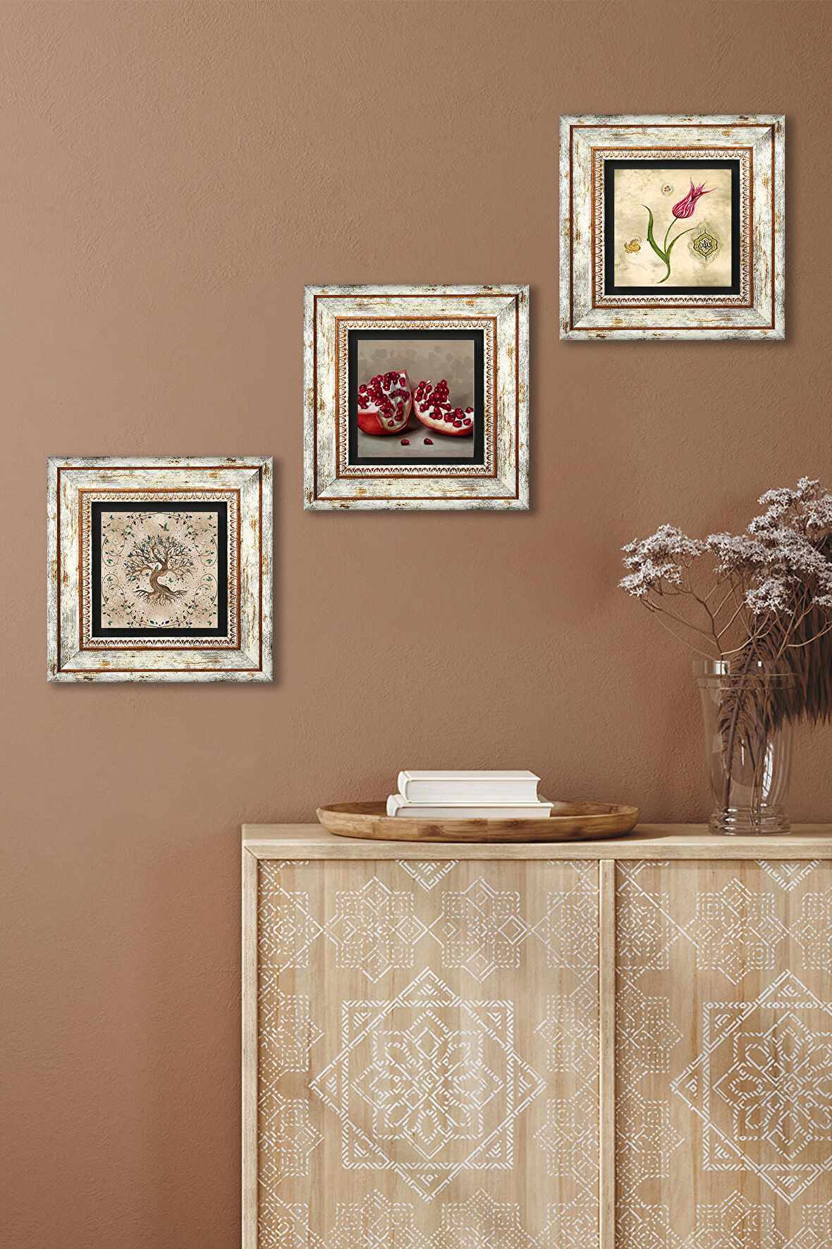 Lale Ebru Sanatı, Hayat Ağacı, Nar Taş Duvar Tablosu Çerçeveli Duvar Dekoru 3 Parça Tablo Seti Wall Art