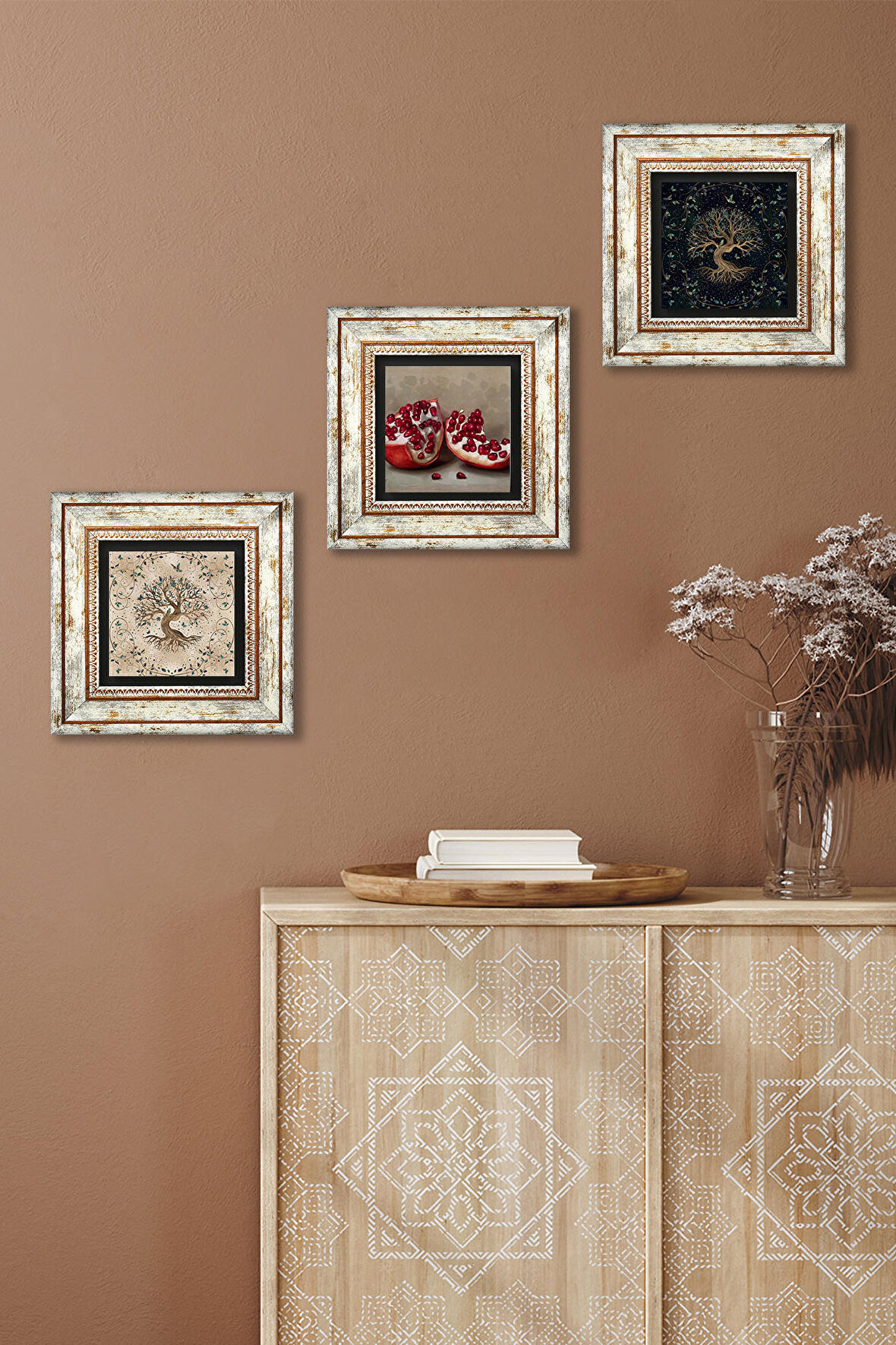 Hayat Ağacı, Nar Taş Duvar Tablosu Çerçeveli Duvar Dekoru 3 Parça Tablo Seti Wall Art