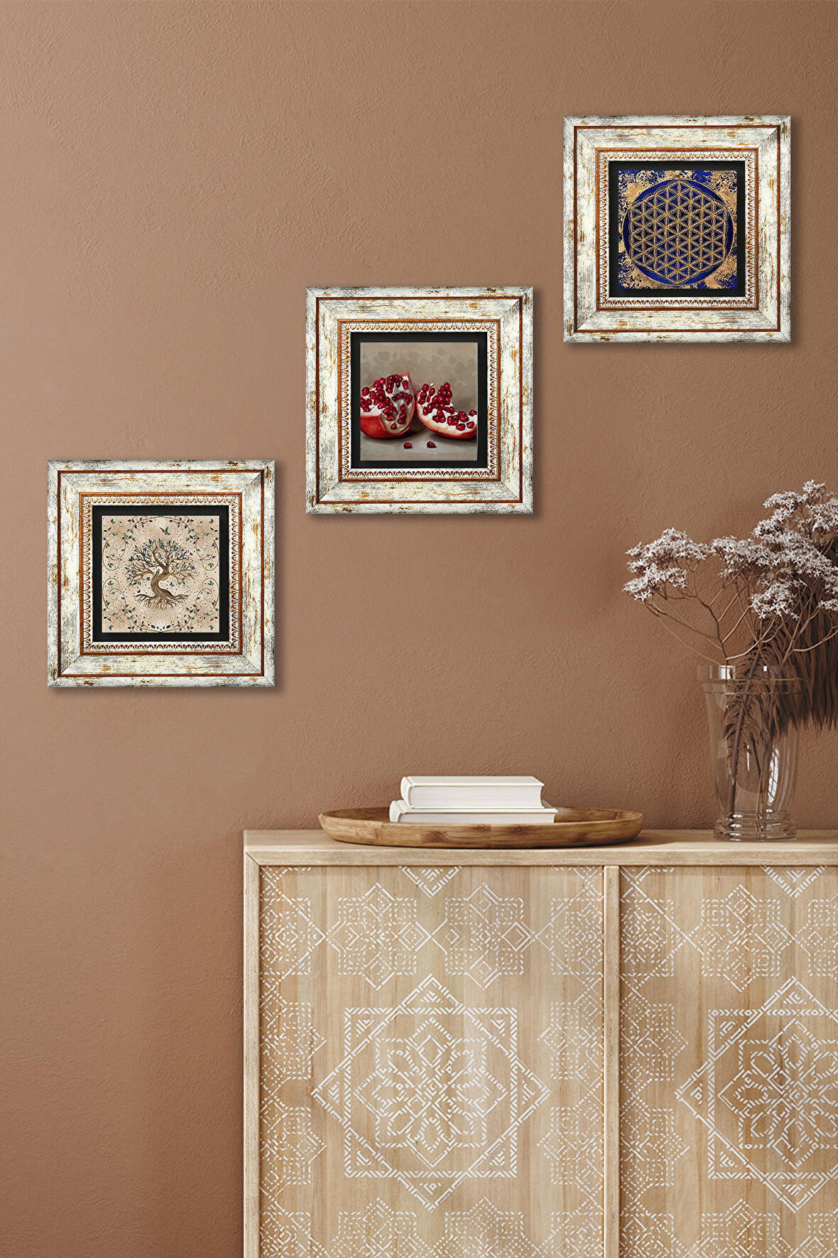 Yaşam Çiçeği, Hayat Ağacı, Nar Taş Duvar Tablosu Çerçeveli Duvar Dekoru 3 Parça Tablo Seti Wall Art