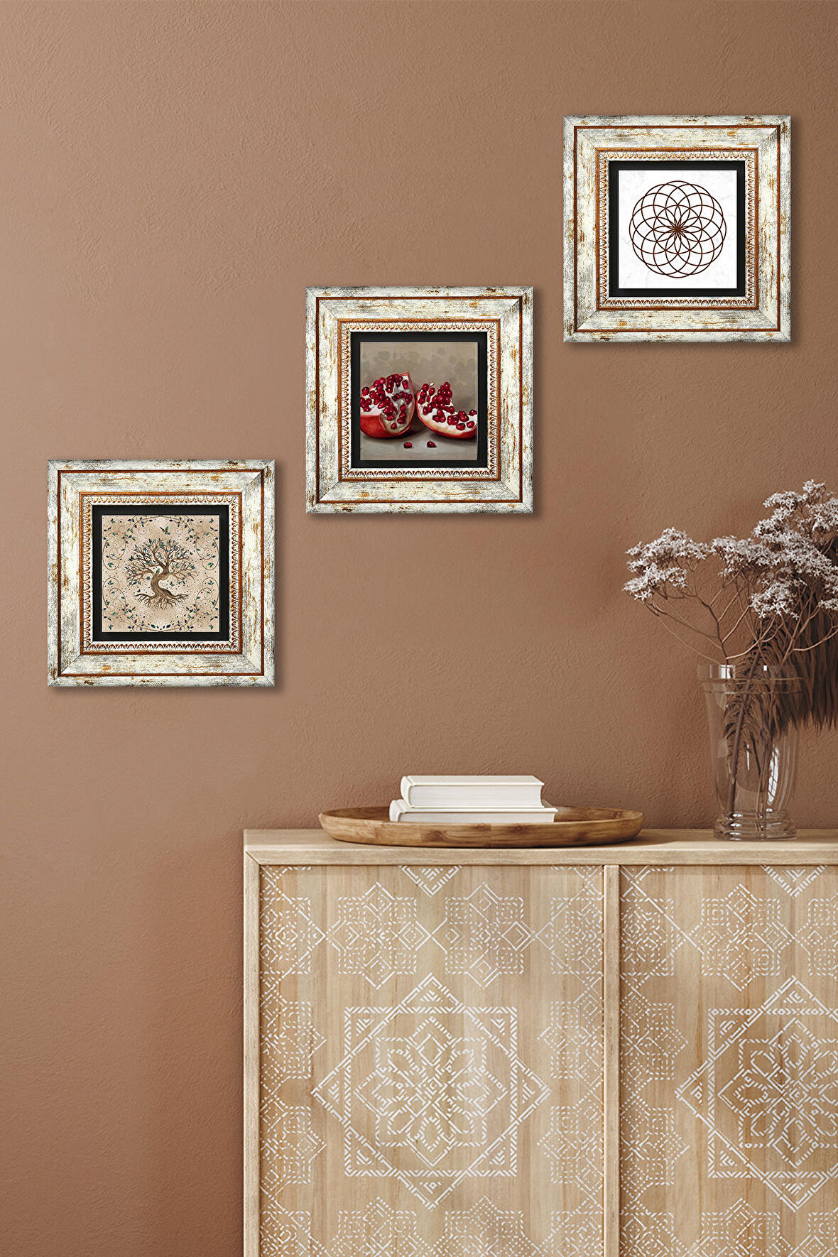 Yaşam Çiçeği, Hayat Ağacı, Nar Taş Duvar Tablosu Çerçeveli Duvar Dekoru 3 Parça Tablo Seti Wall Art