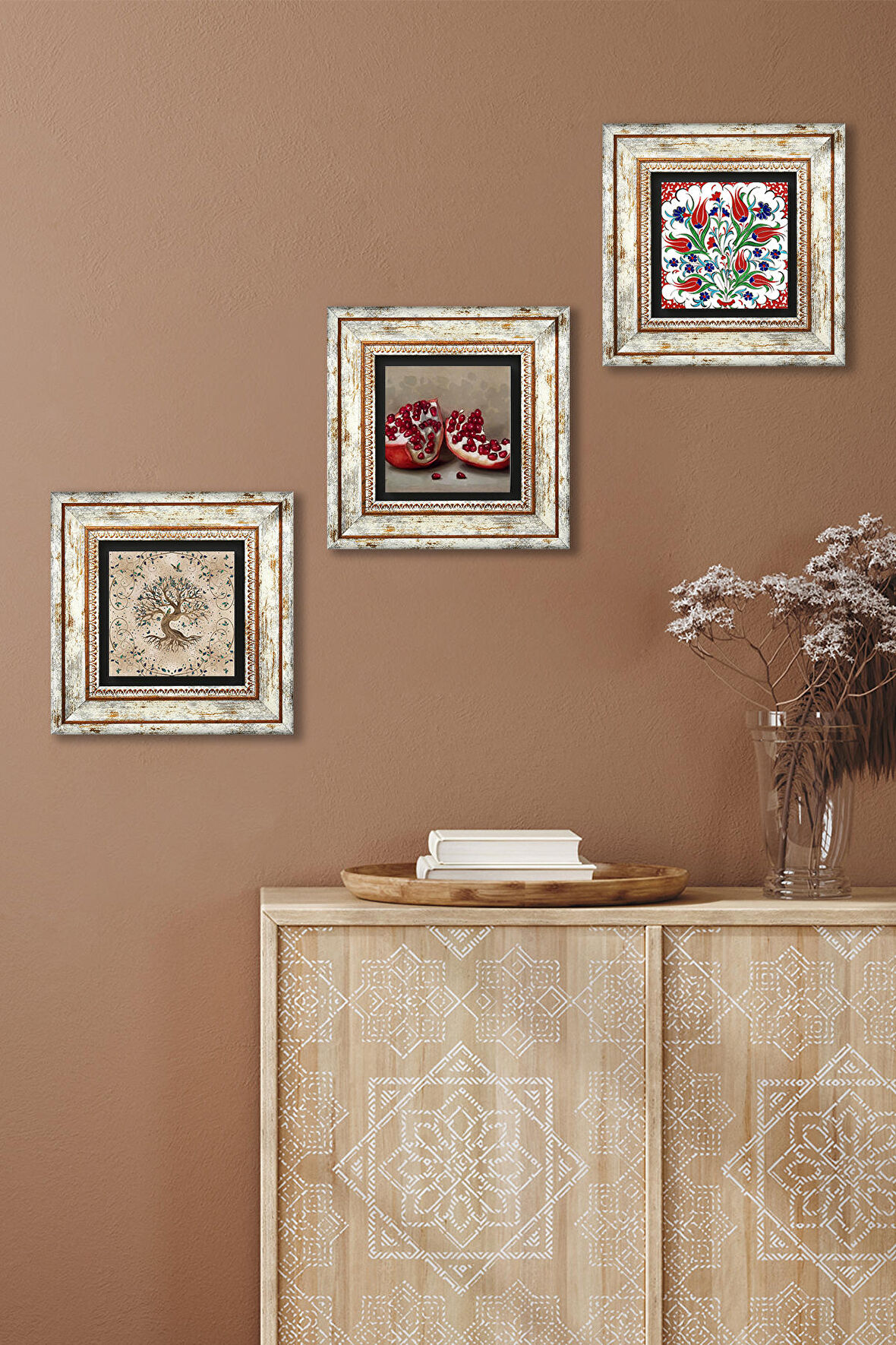 Çini Sanatı Lale, Hayat Ağacı, Nar Taş Duvar Tablosu Çerçeveli Duvar Dekoru 3 Parça Tablo Seti Wall Art