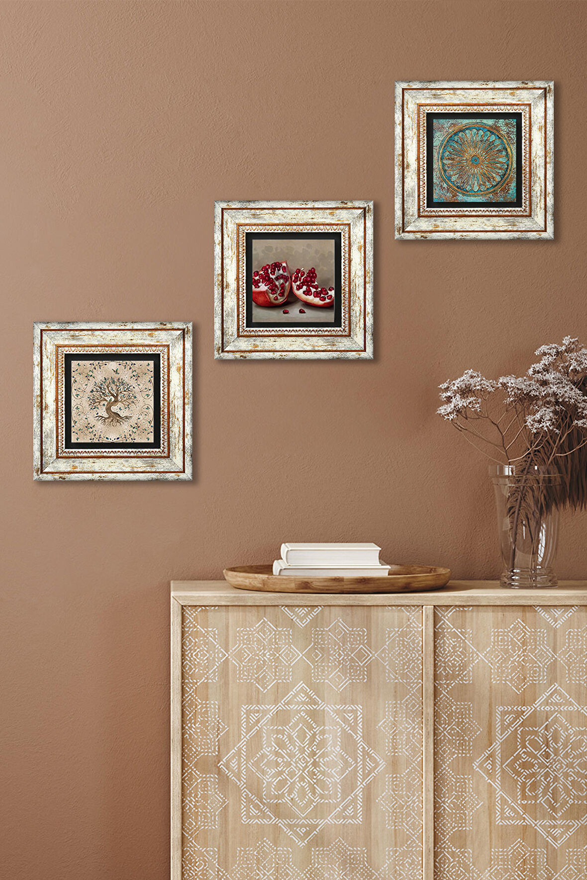 Yaşam Çiçeği, Hayat Ağacı, Nar Taş Duvar Tablosu Çerçeveli Duvar Dekoru 3 Parça Tablo Seti Wall Art