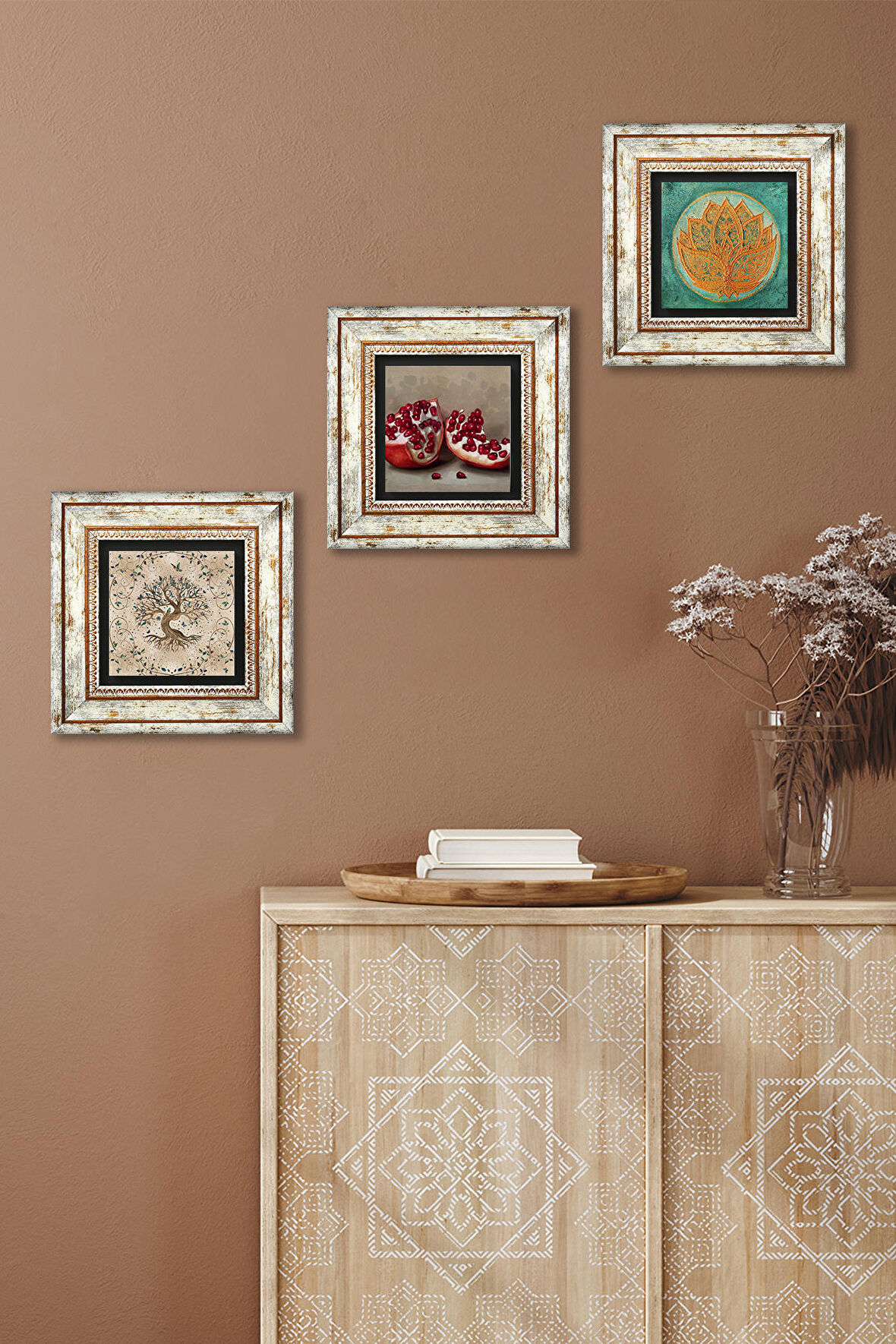 Lotus Çiçeği, Hayat Ağacı, Nar Taş Duvar Tablosu Çerçeveli Duvar Dekoru 3 Parça Tablo Seti Wall Art