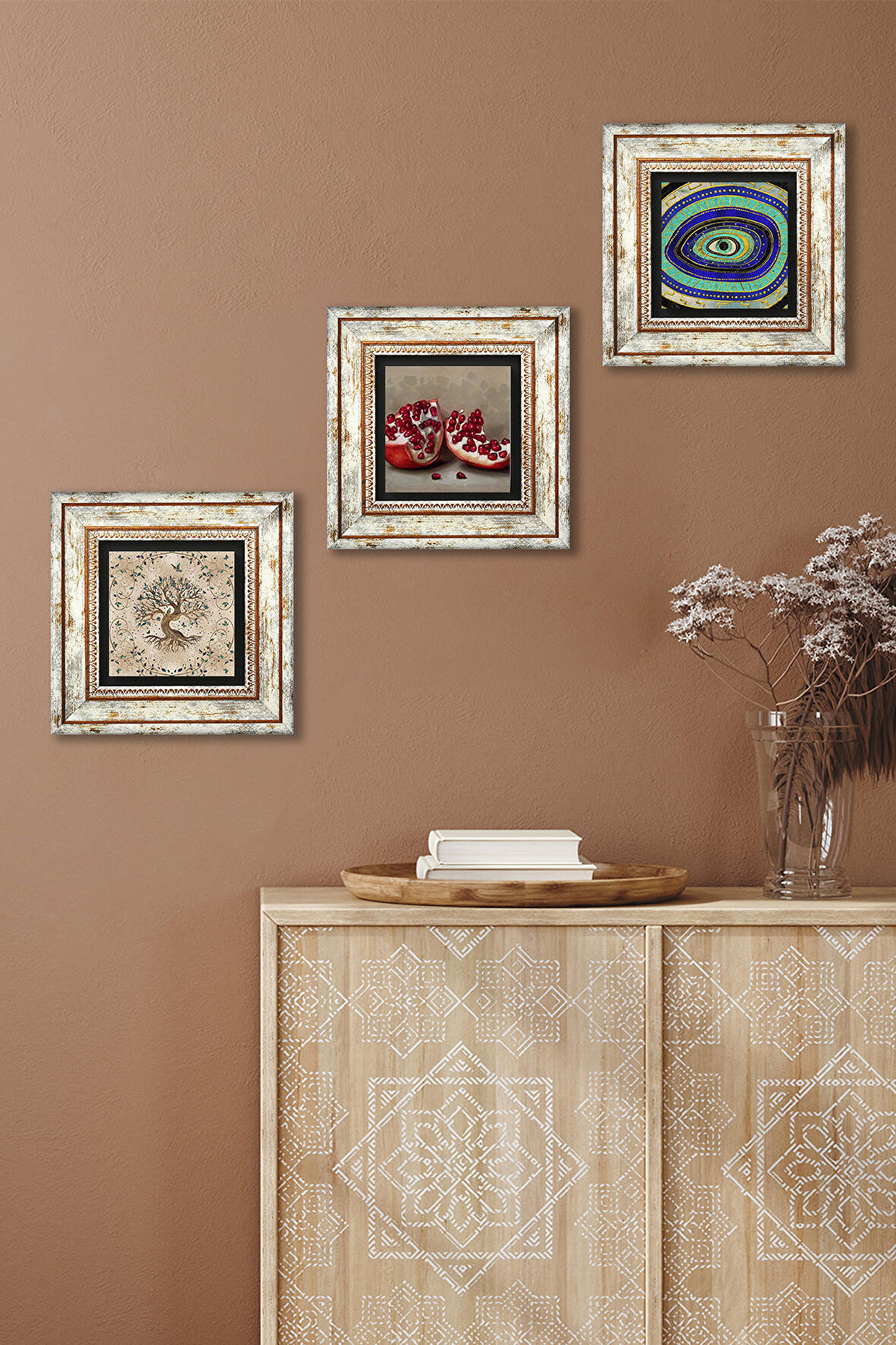 Nazar, Hayat Ağacı, Nar Taş Duvar Tablosu Çerçeveli Duvar Dekoru 3 Parça Tablo Seti Wall Art