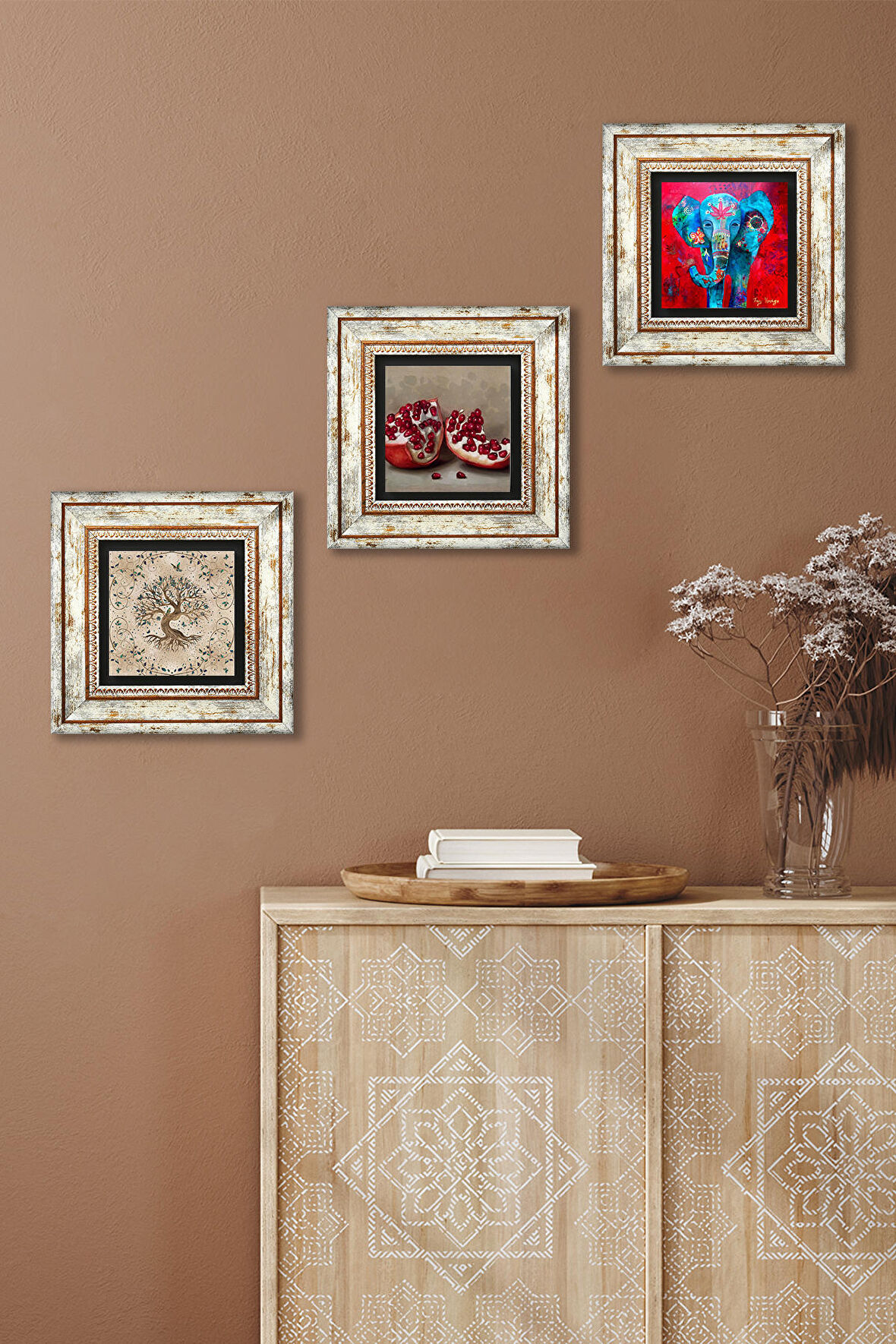 Fil, Hayat Ağacı, Nar Taş Duvar Tablosu Çerçeveli Duvar Dekoru 3 Parça Tablo Seti Wall Art