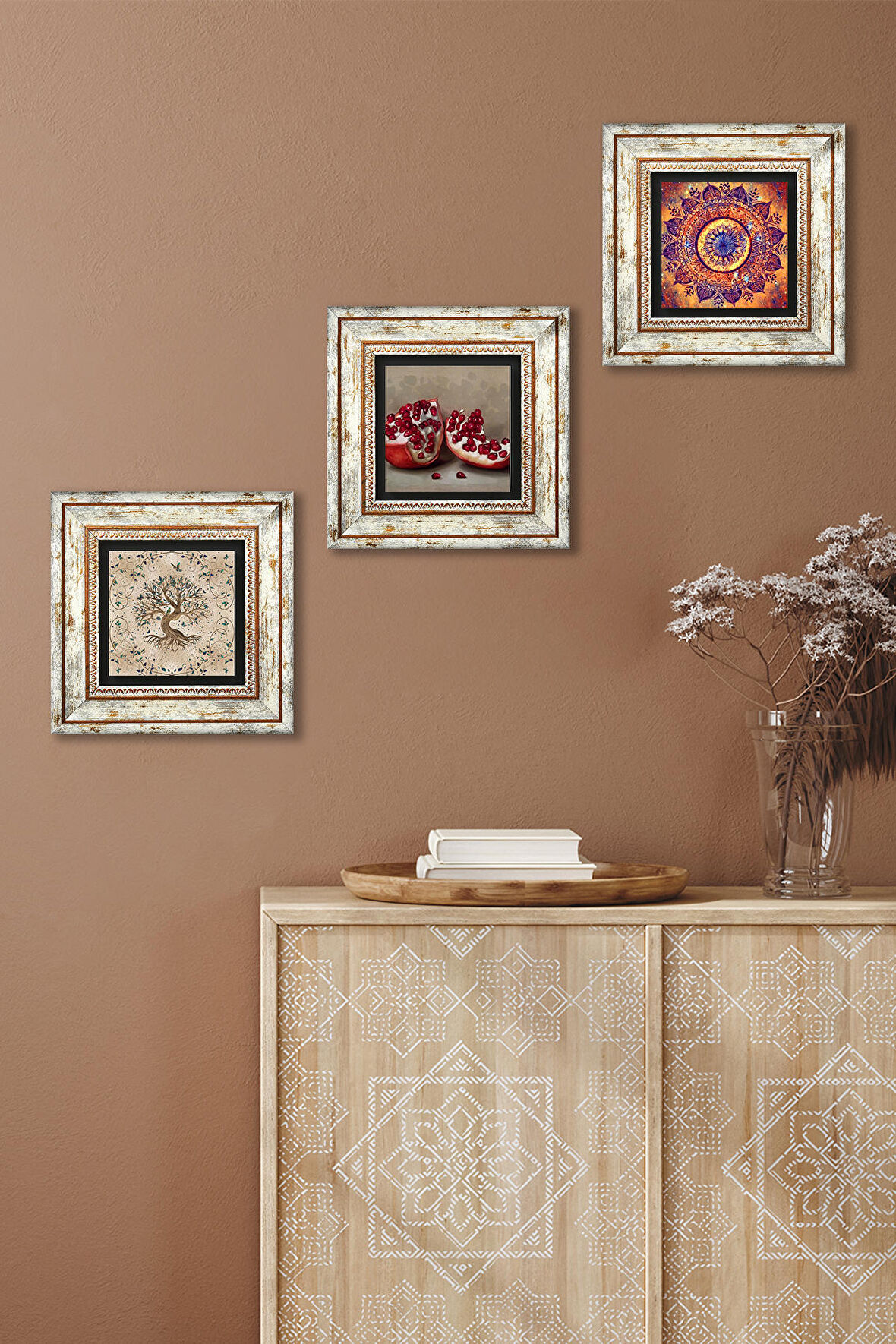 Mandala, Hayat Ağacı, Nar Taş Duvar Tablosu Çerçeveli Duvar Dekoru 3 Parça Tablo Seti Wall Art