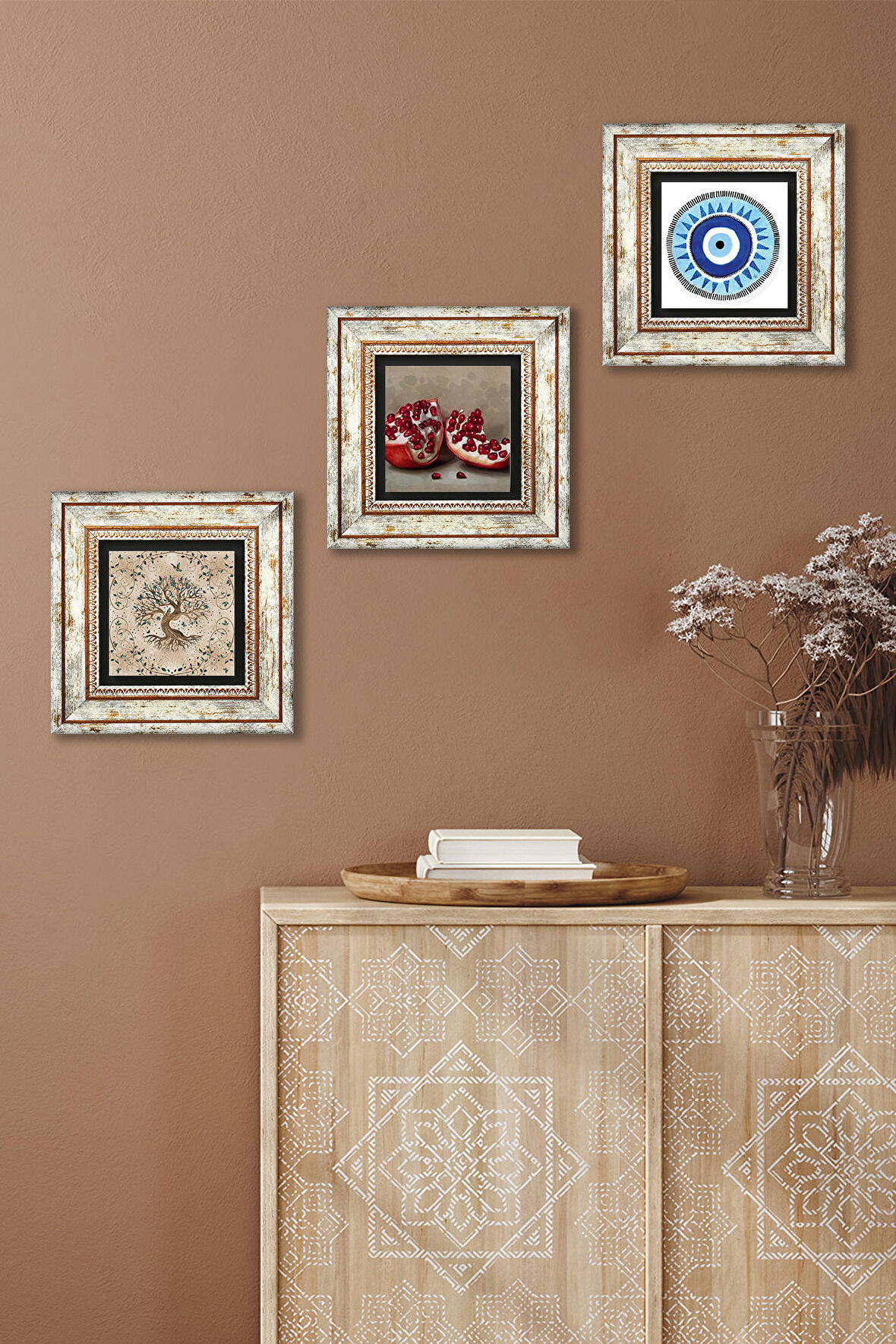 Nazar, Hayat Ağacı, Nar Taş Duvar Tablosu Çerçeveli Duvar Dekoru 3 Parça Tablo Seti Wall Art