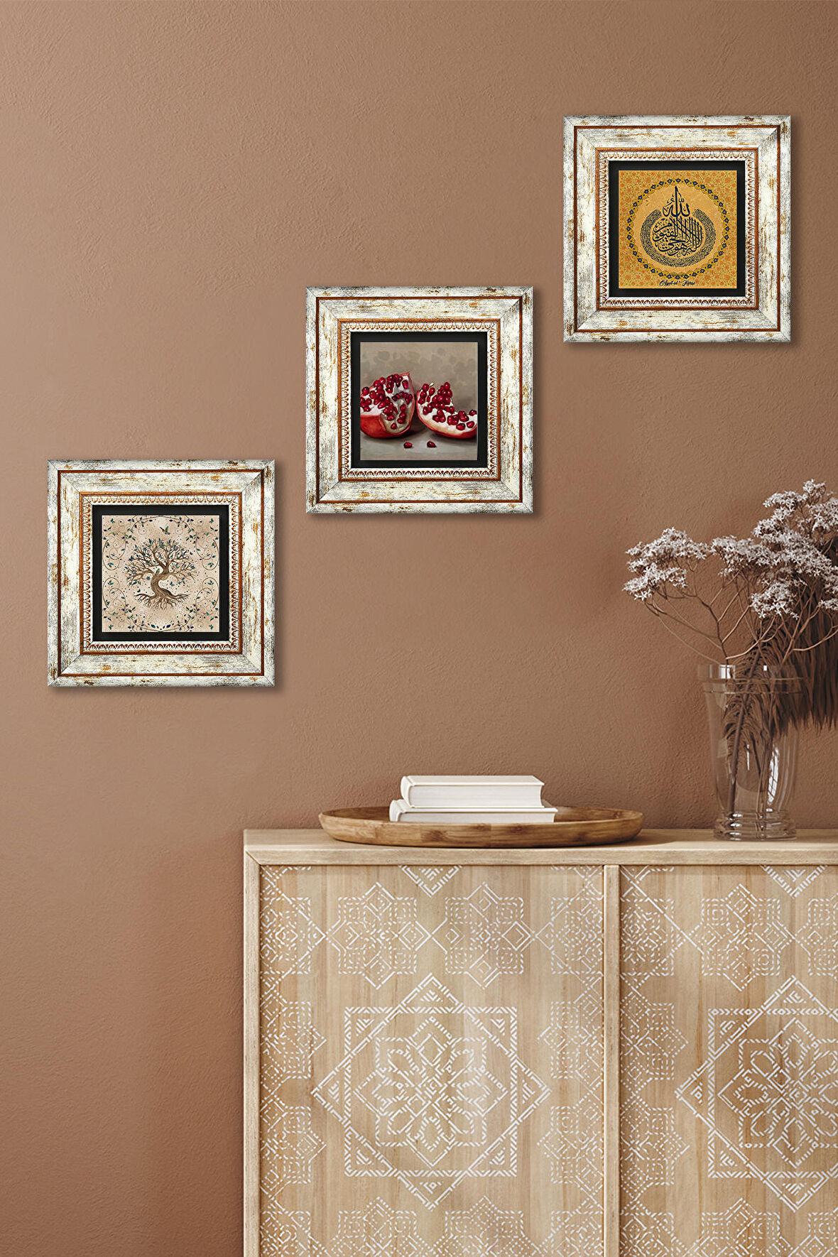Ayet-el Kürsi, Hayat Ağacı, Nar Taş Duvar Tablosu Çerçeveli Duvar Dekoru 3 Parça Tablo Seti Wall Art