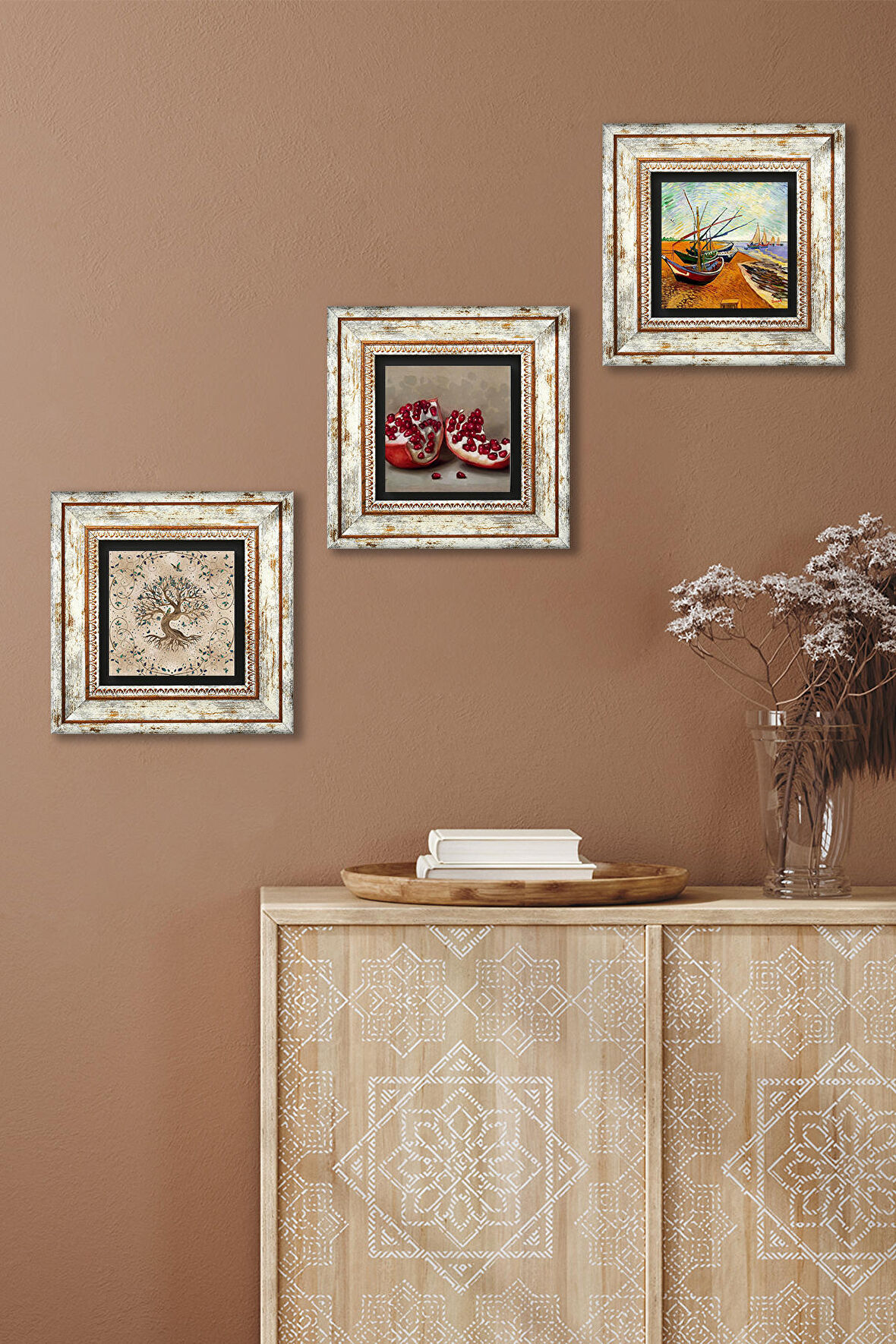 Van Gogh Balıkçı Tekneleri, Hayat Ağacı, Nar Taş Duvar Tablosu Çerçeveli Duvar Dekoru 3 Parça Tablo Seti Wall Art