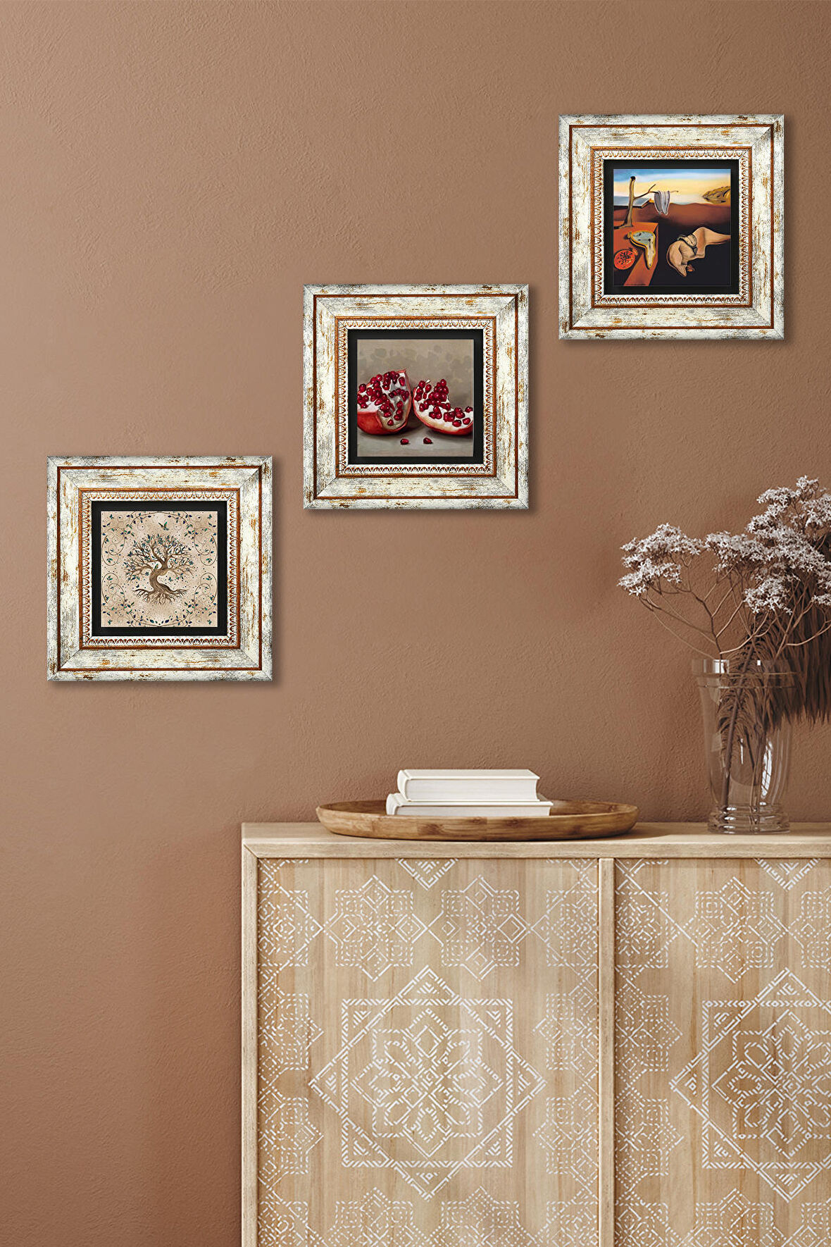 Salvador Dalí Belleğin Azmi, Hayat Ağacı, Nar Taş Duvar Tablosu Çerçeveli Duvar Dekoru 3 Parça Tablo Seti Wall Art