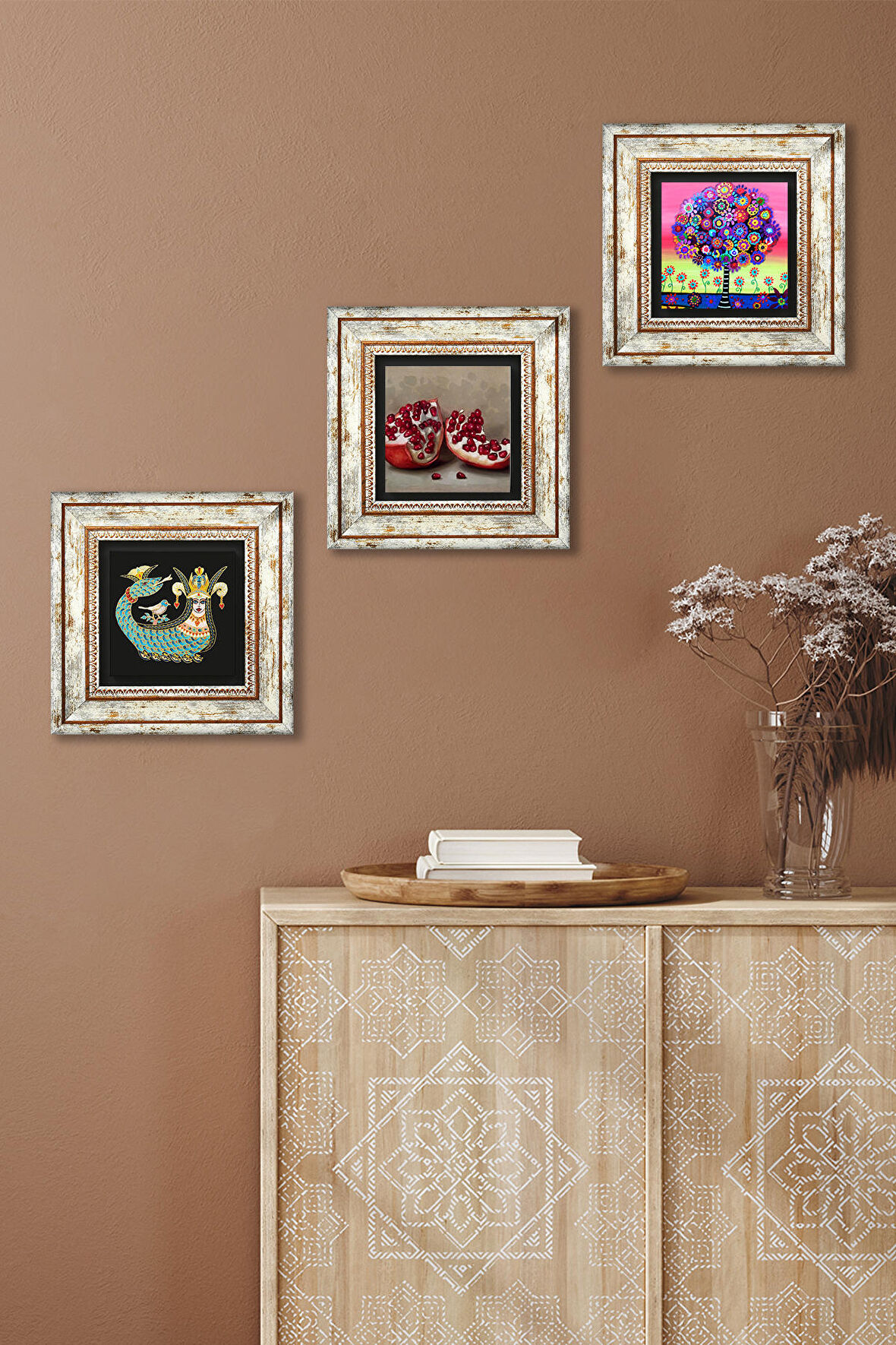 Karla Gerard Hayat Ağacı, Şahmeran, Nar Taş Duvar Tablosu Çerçeveli Duvar Dekoru 3 Parça Tablo Seti Wall Art