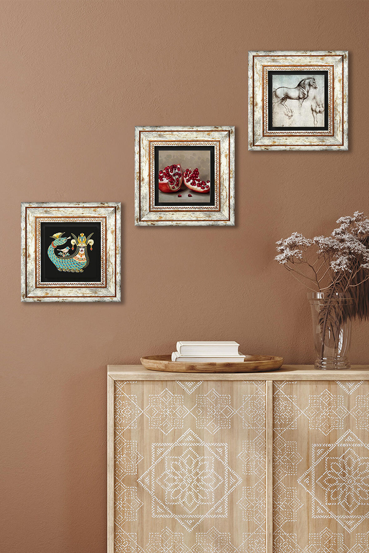 Leonardo da Vinci At Heykeli, Şahmeran, Nar Taş Duvar Tablosu Çerçeveli Duvar Dekoru 3 Parça Tablo Seti Wall Art