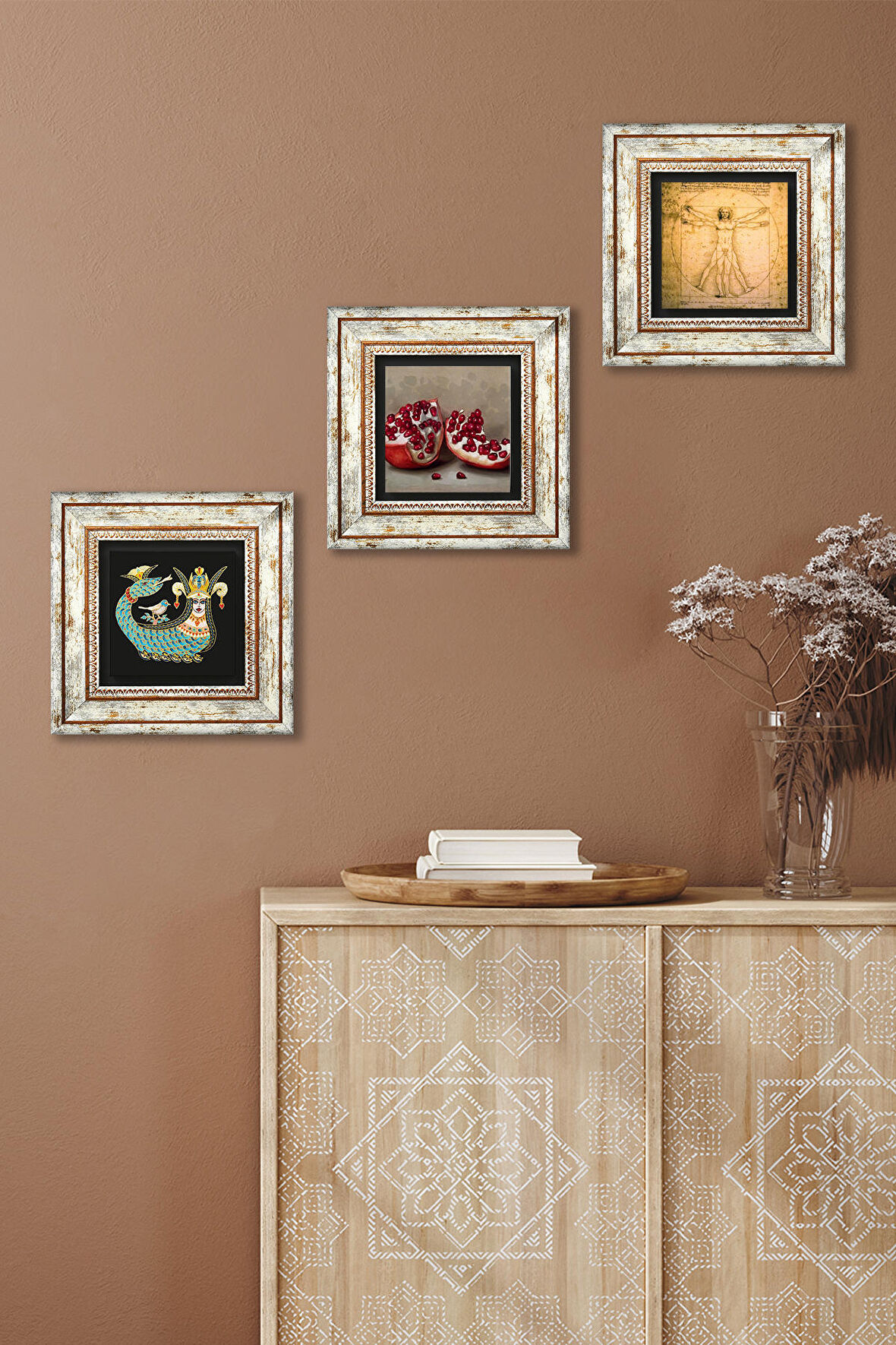 Leonardo da Vinci Vitruvius Adamı, Şahmeran, Nar Taş Duvar Tablosu Çerçeveli Duvar Dekoru 3 Parça Tablo Seti Wall Art