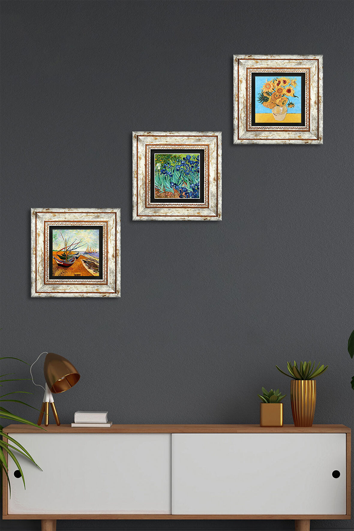 Van Gogh Balıkçı Tekneleri, On İki Ayçiçekli Vazo, İrisler Taş Duvar Tablosu Çerçeveli Duvar Dekoru 3 Parça Tablo Seti Wall Art