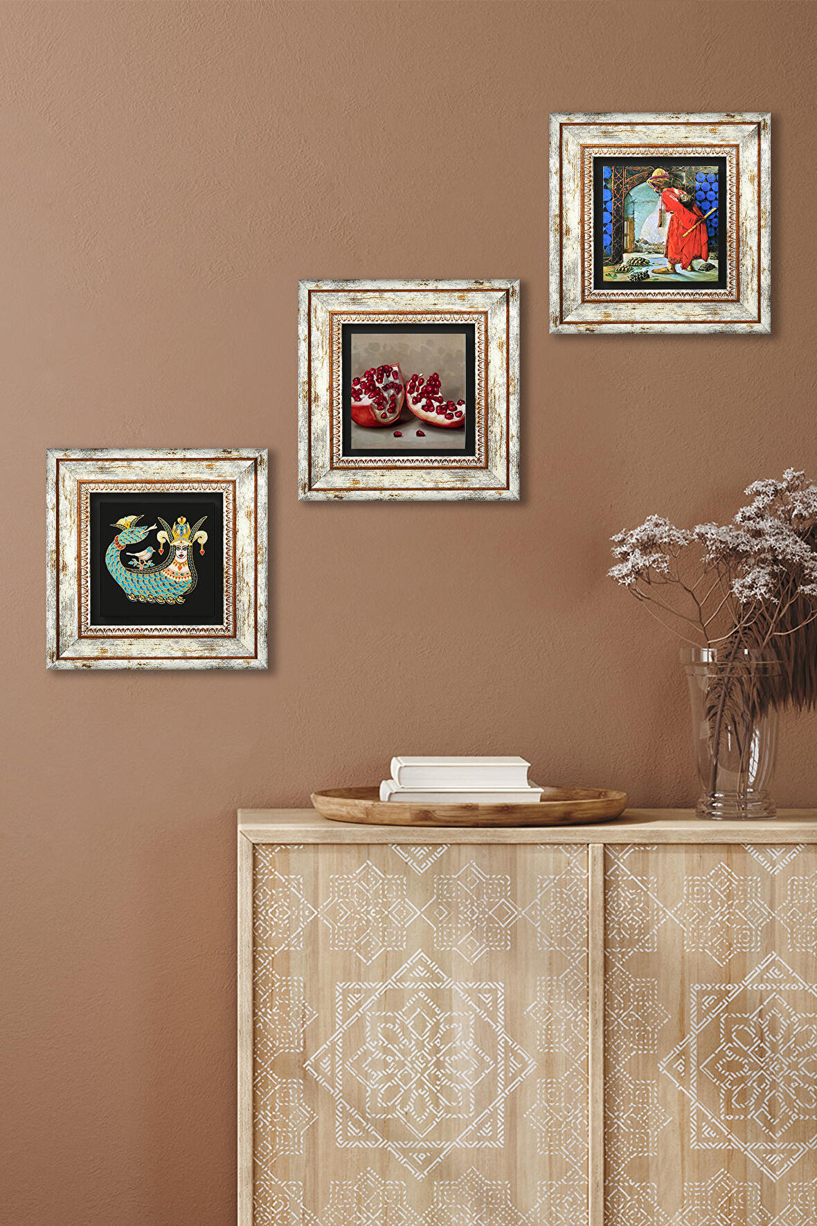 Kaplumbağa Terbiyecisi, Şahmeran, Nar Taş Duvar Tablosu Çerçeveli Duvar Dekoru 3 Parça Tablo Seti Wall Art