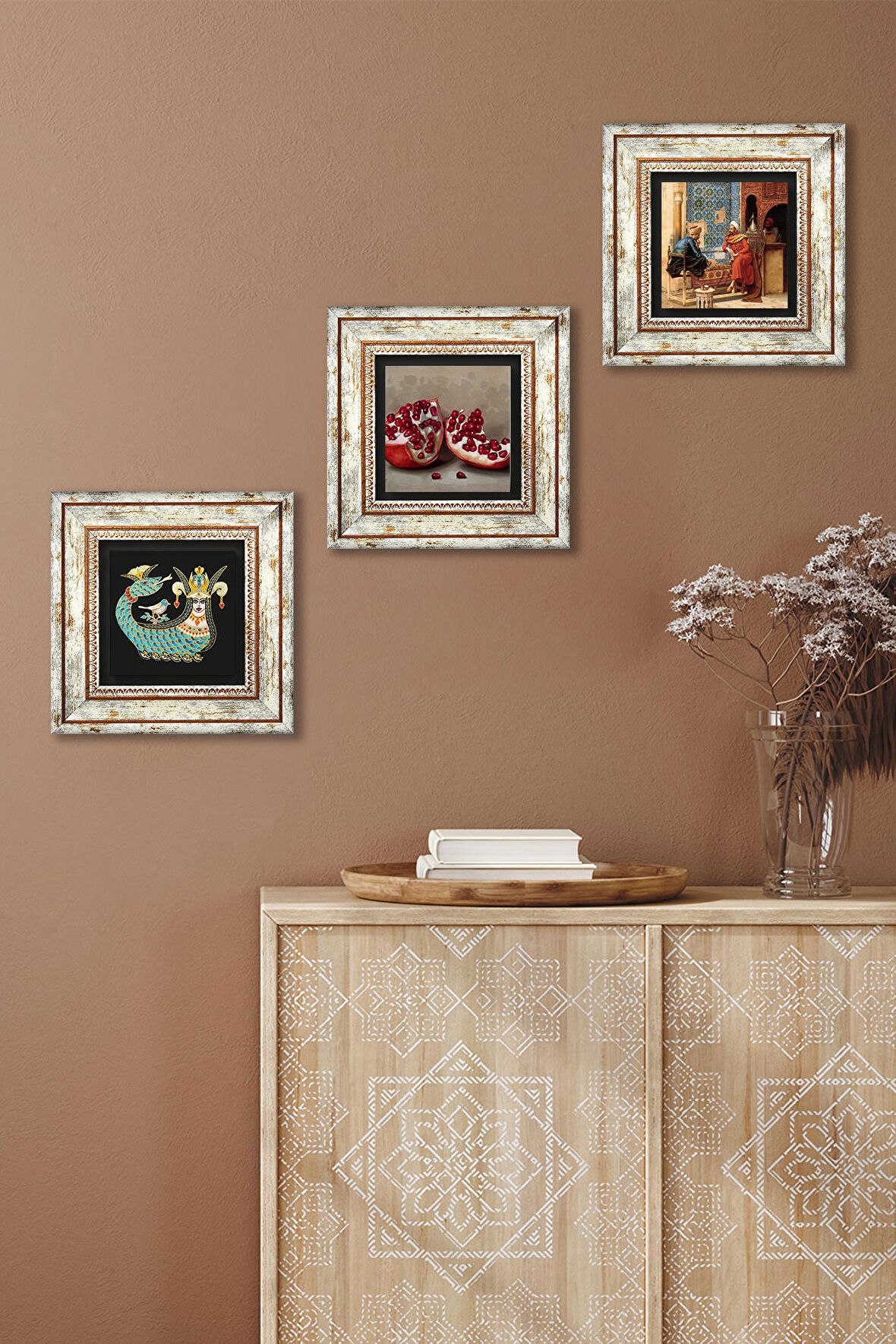 Satranç Oyunu, Şahmeran, Nar Taş Duvar Tablosu Çerçeveli Duvar Dekoru 3 Parça Tablo Seti Wall Art