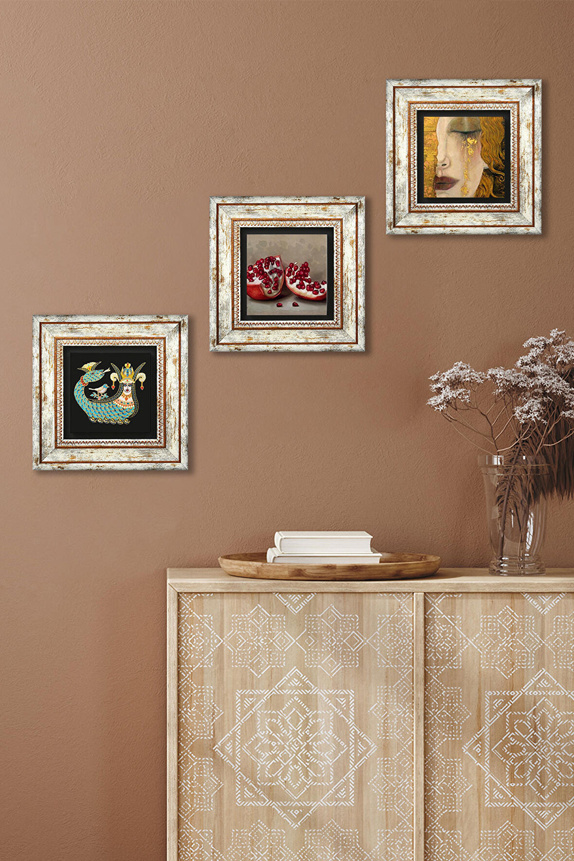 Gustav Klimt Altın Gözyaşları, Şahmeran, Nar Taş Duvar Tablosu Çerçeveli Duvar Dekoru 3 Parça Tablo Seti Wall Art