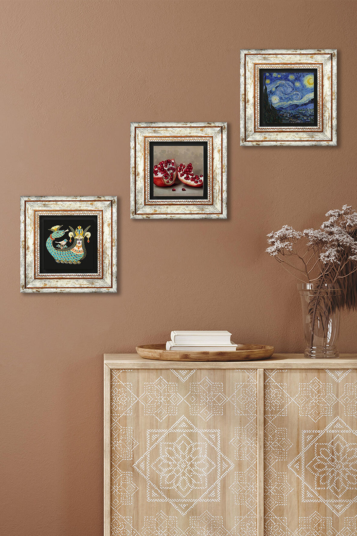 Van Gogh Yıldızlı Gece, Şahmeran, Nar Taş Duvar Tablosu Çerçeveli Duvar Dekoru 3 Parça Tablo Seti Wall Art