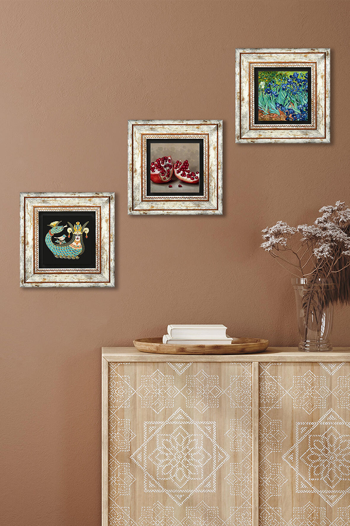 Van Gogh İrisler, Şahmeran, Nar Taş Duvar Tablosu Çerçeveli Duvar Dekoru 3 Parça Tablo Seti Wall Art