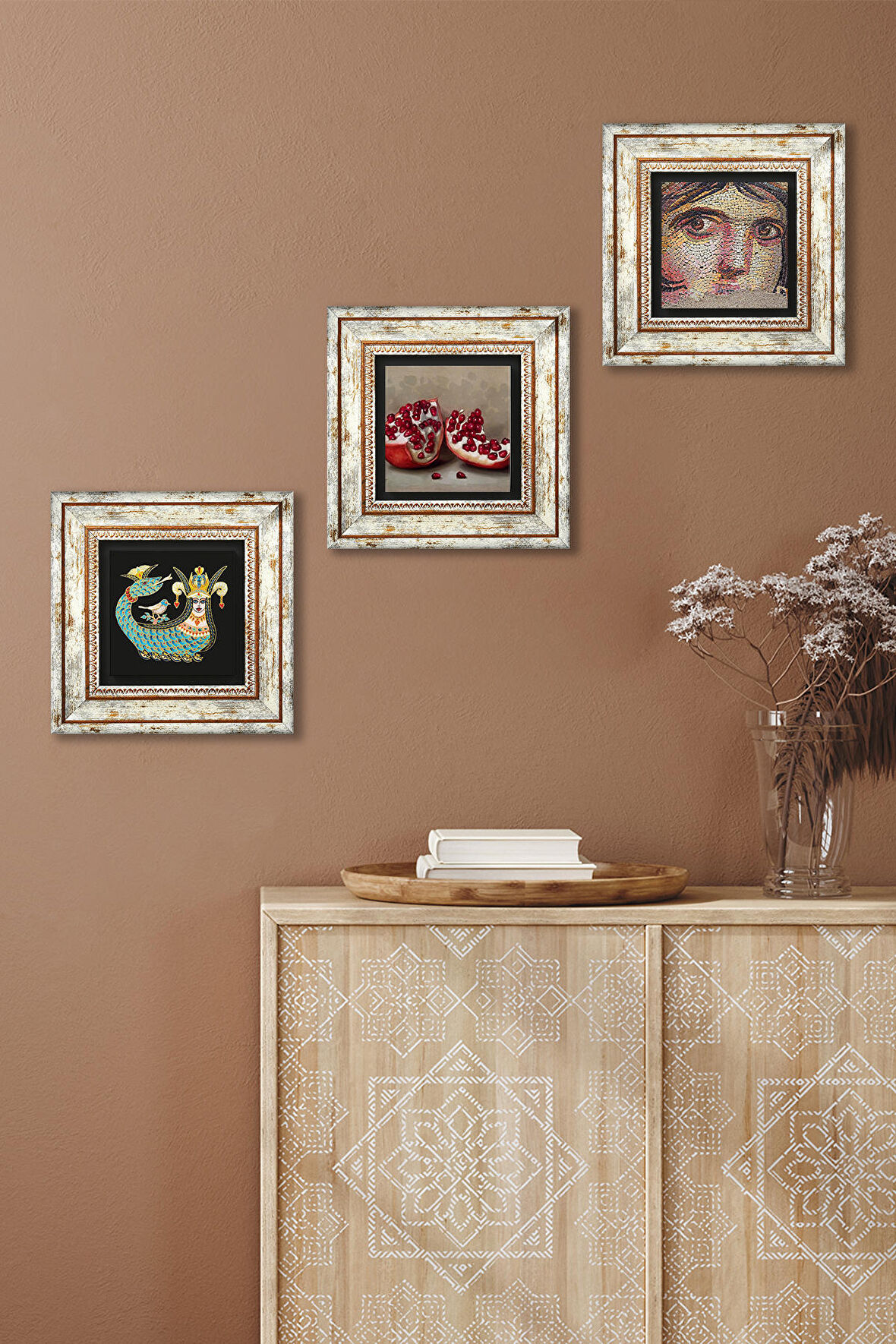 Çingene Kızı Mozaiği, Şahmeran, Nar Taş Duvar Tablosu Çerçeveli Duvar Dekoru 3 Parça Tablo Seti Wall Art