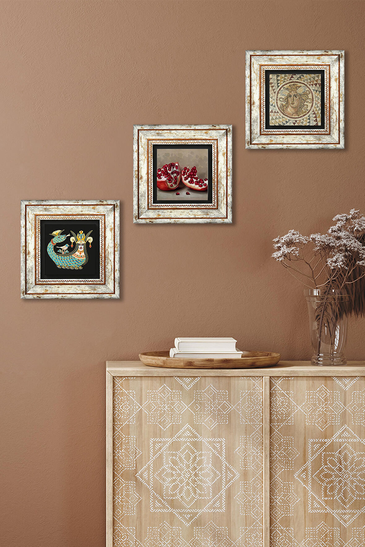 Mozaik Serisi, Şahmeran, Nar Taş Duvar Tablosu Çerçeveli Duvar Dekoru 3 Parça Tablo Seti Wall Art