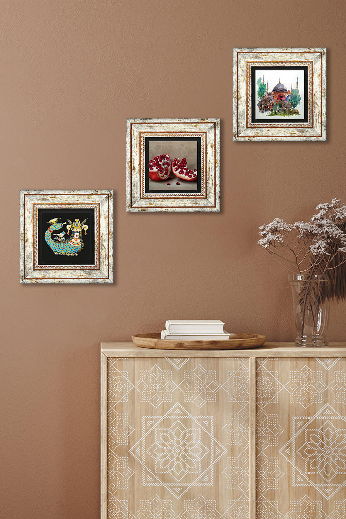 İstanbul Ayasofya, Şahmeran, Nar Taş Duvar Tablosu Çerçeveli Duvar Dekoru 3 Parça Tablo Seti Wall Art