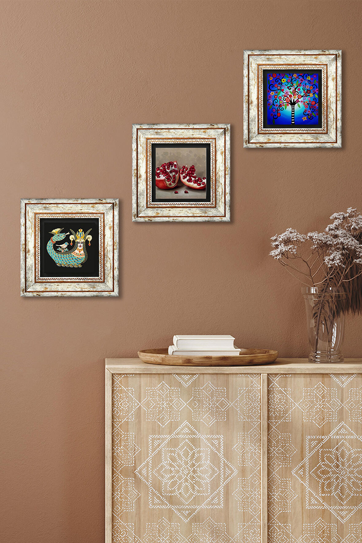 Hayat Ağacı, Şahmeran, Nar Taş Duvar Tablosu Çerçeveli Duvar Dekoru 3 Parça Tablo Seti Wall Art