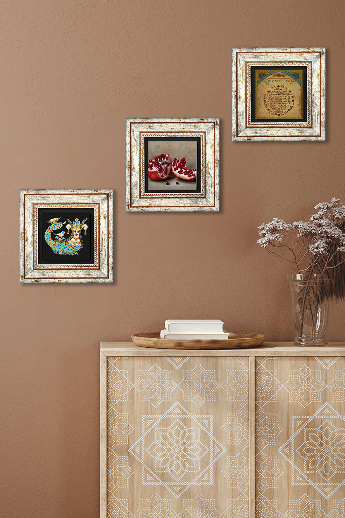 Bereket Duası, Şahmeran, Nar Taş Duvar Tablosu Çerçeveli Duvar Dekoru 3 Parça Tablo Seti Wall Art