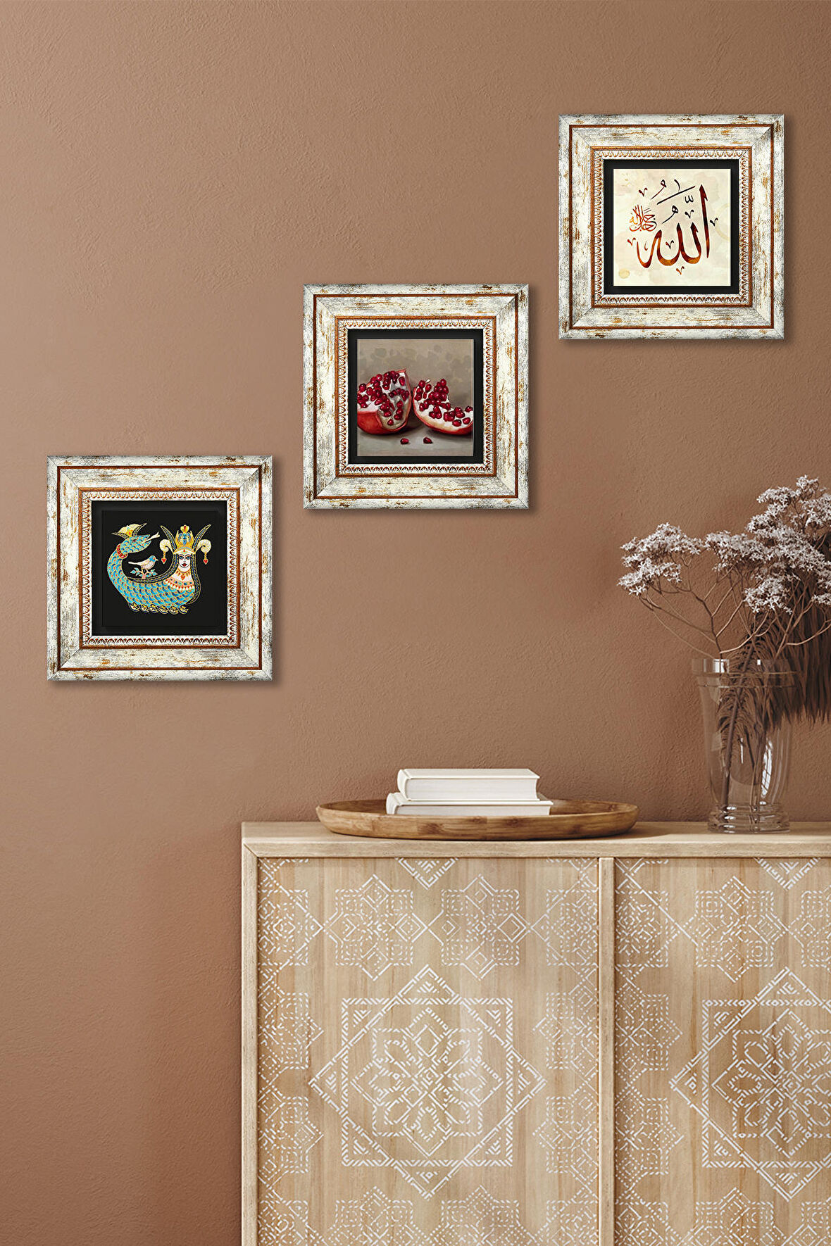Allah Lafzı, Şahmeran, Nar Taş Duvar Tablosu Çerçeveli Duvar Dekoru 3 Parça Tablo Seti Wall Art