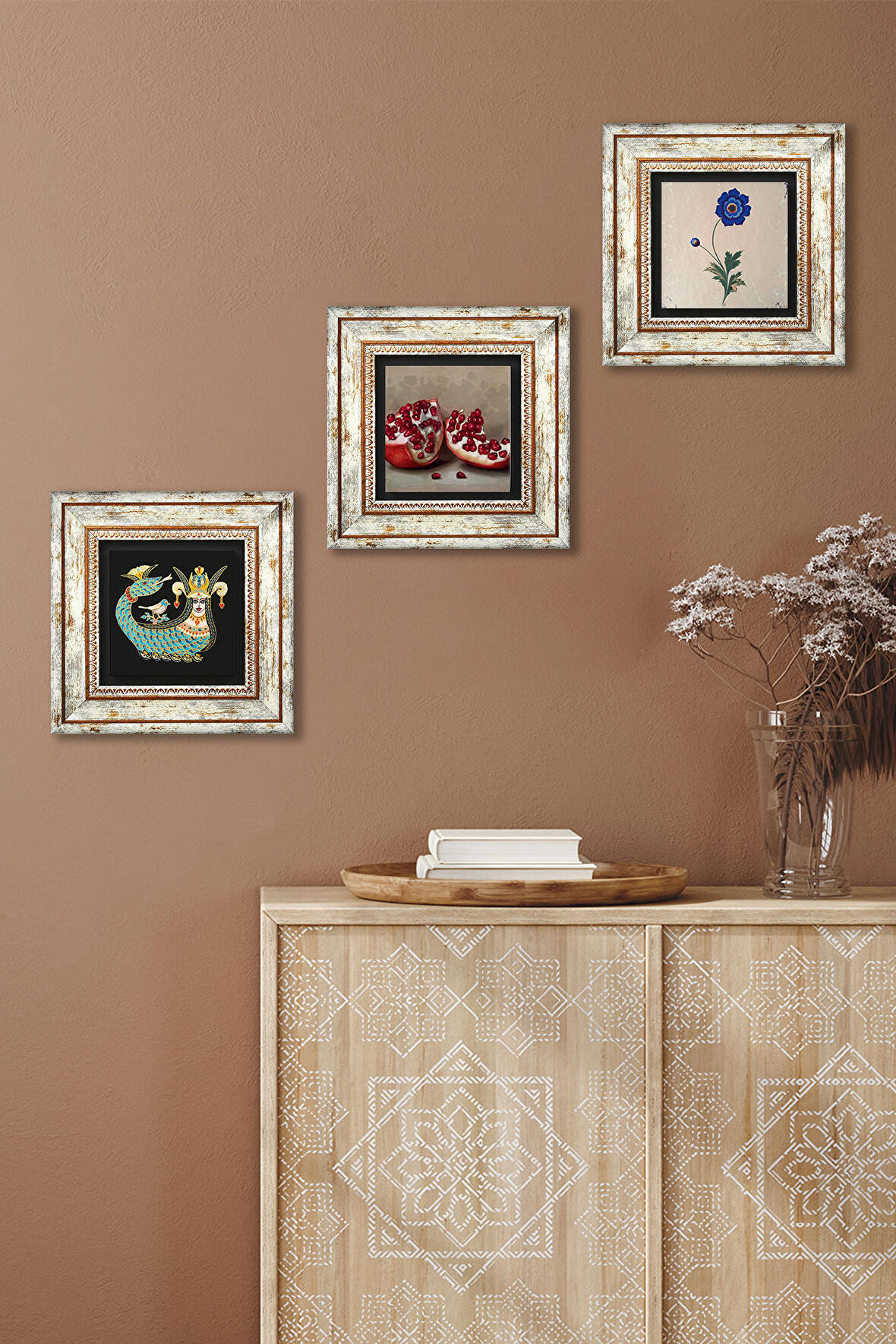 Ebru Sanatı, Şahmeran, Nar Taş Duvar Tablosu Çerçeveli Duvar Dekoru 3 Parça Tablo Seti Wall Art