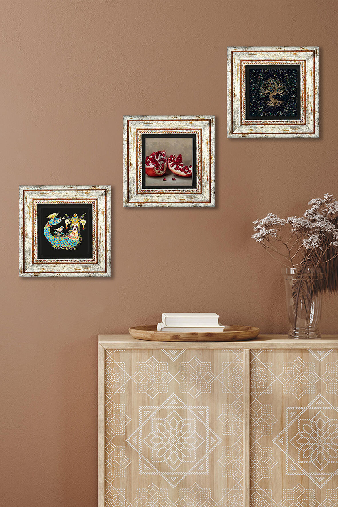 Hayat Ağacı, Şahmeran, Nar Taş Duvar Tablosu Çerçeveli Duvar Dekoru 3 Parça Tablo Seti Wall Art