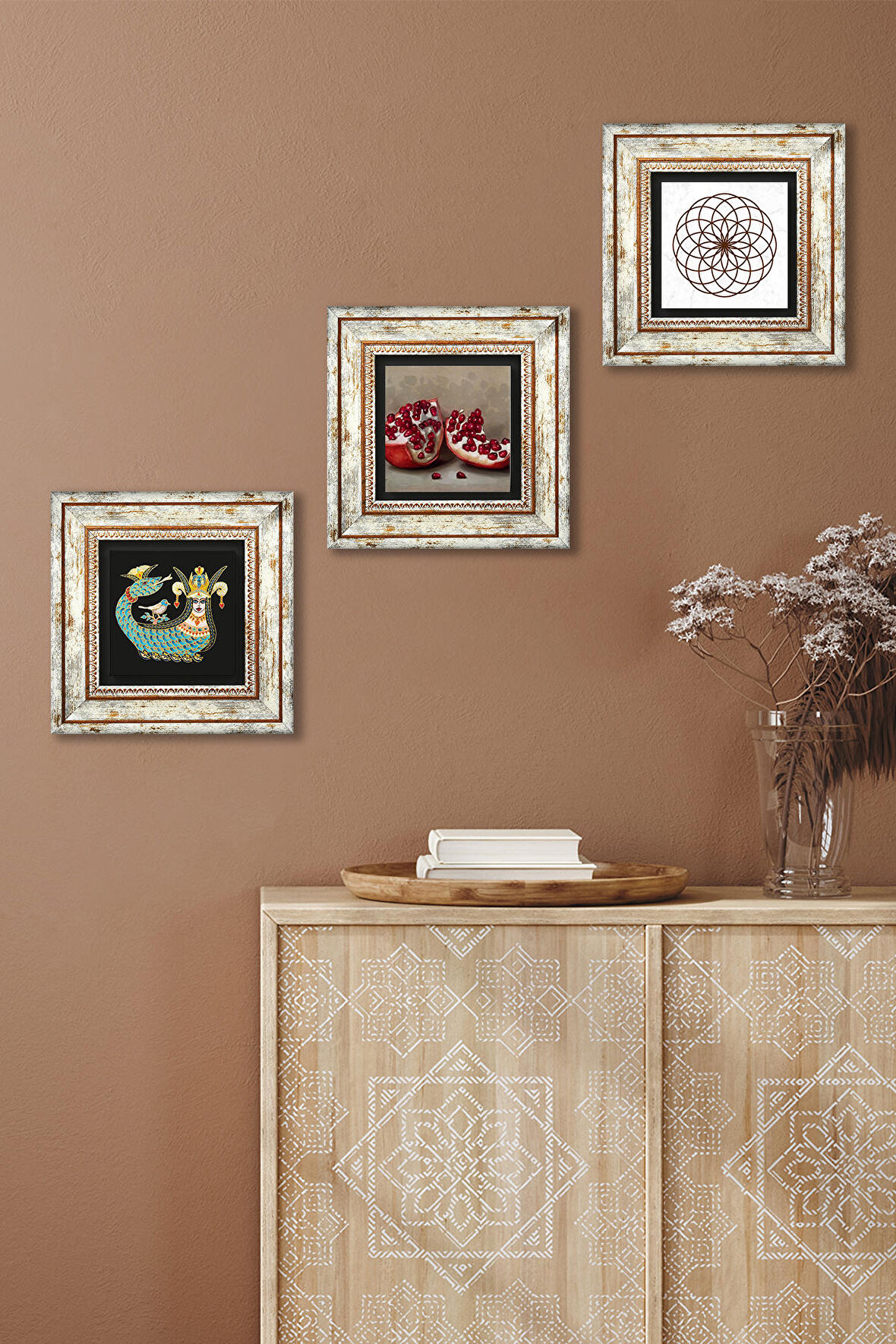 Yaşam Çiçeği, Şahmeran, Nar Taş Duvar Tablosu Çerçeveli Duvar Dekoru 3 Parça Tablo Seti Wall Art