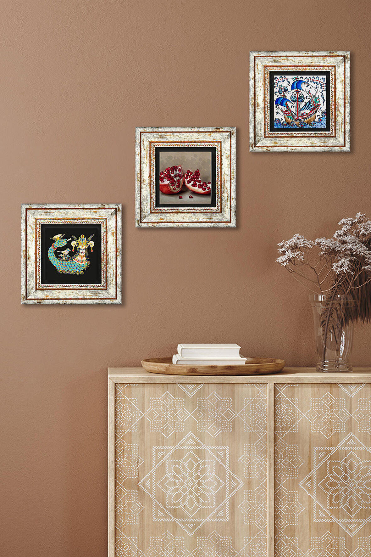 Çini Sanatı Yelkenli Gemi, Şahmeran, Nar Taş Duvar Tablosu Çerçeveli Duvar Dekoru 3 Parça Tablo Seti Wall Art