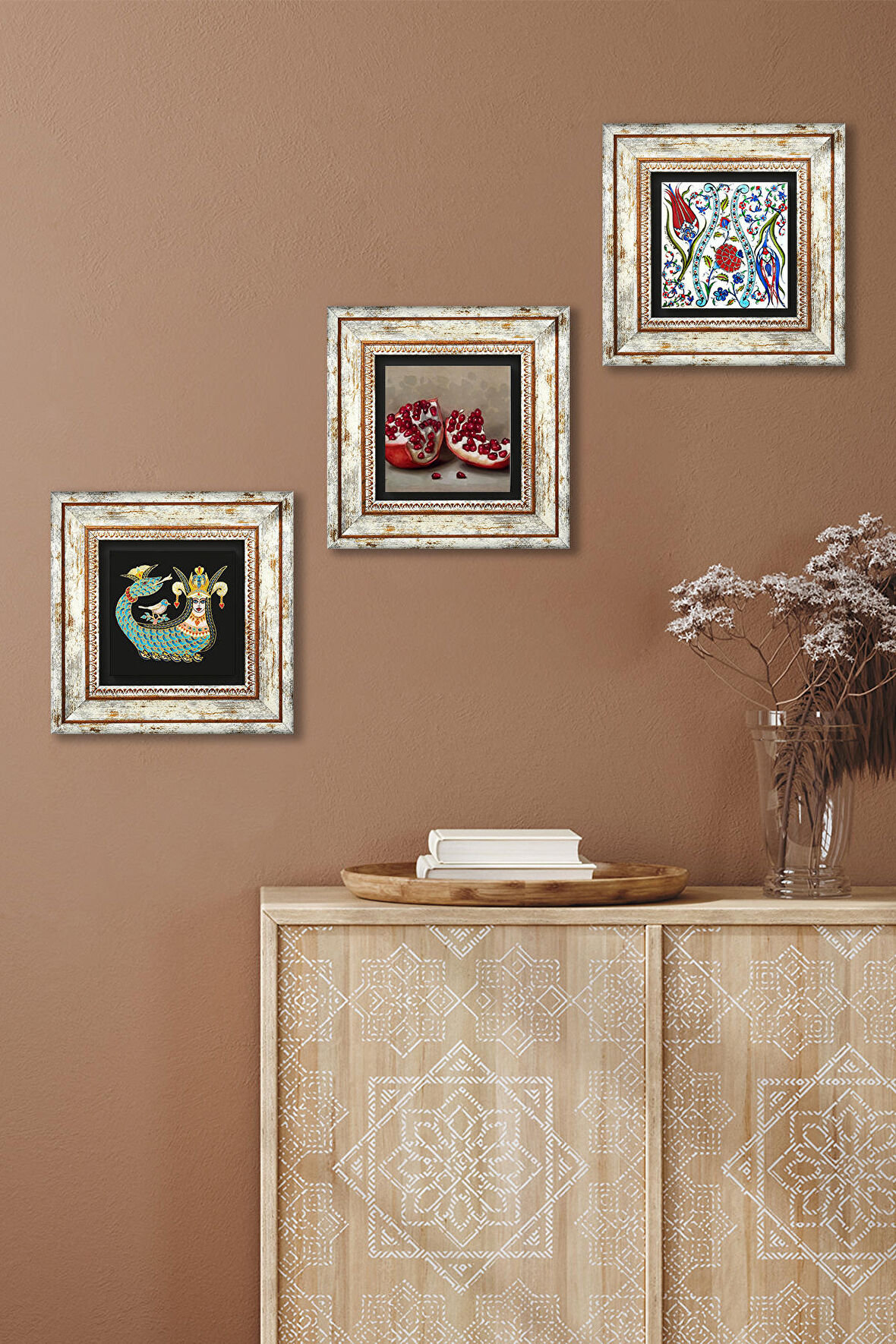 Çini Sanatı Lale, Şahmeran, Nar Taş Duvar Tablosu Çerçeveli Duvar Dekoru 3 Parça Tablo Seti Wall Art