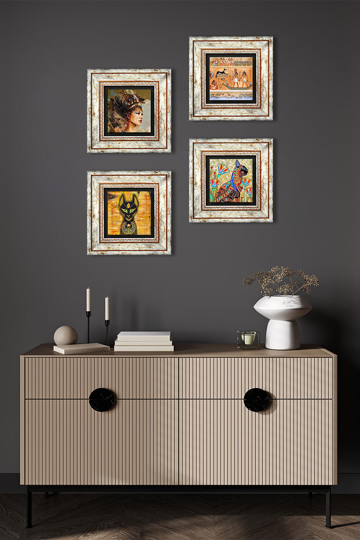 Antik Mısır Taş Duvar Tablosu Çerçeveli Duvar Dekoru 4 Parça Tablo Seti Wall Art