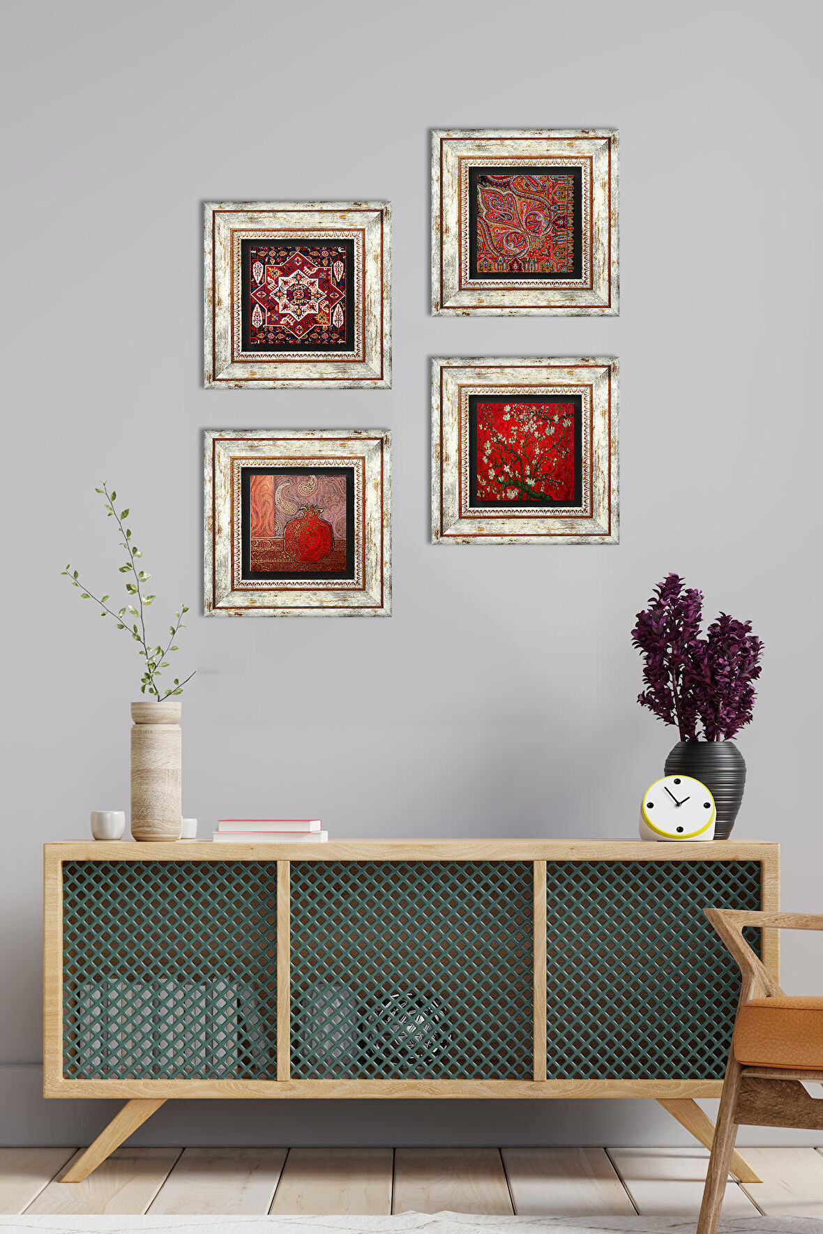 Nar, Desen, Badem Ağacı Taş Duvar Tablosu Çerçeveli Duvar Dekoru 4 Parça Tablo Seti Wall Art