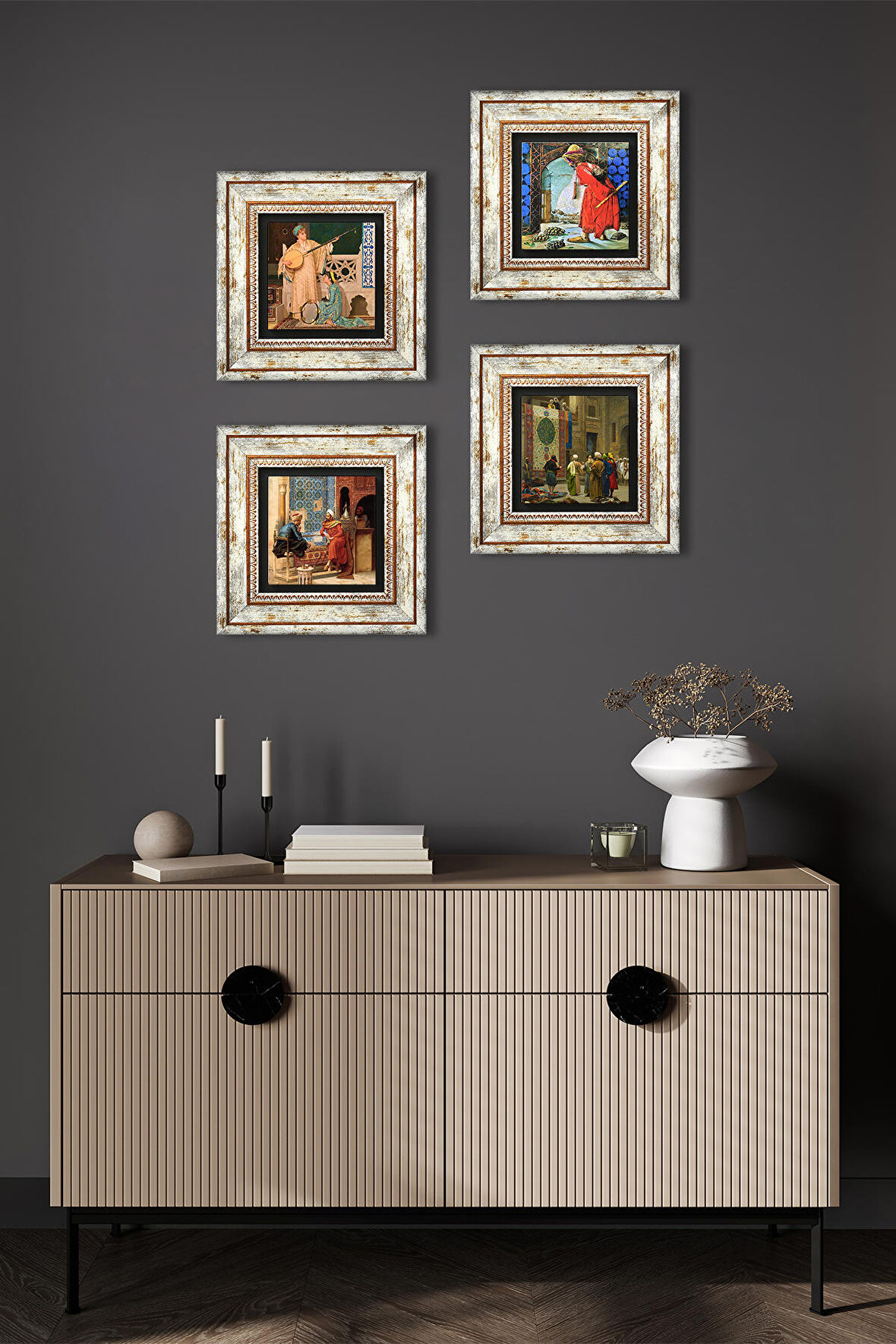 Kaplumbağa Terbiyecisi, İki Müzisyen Kız, Halı Tüccarı, Satranç Taş Duvar Tablosu Çerçeveli Duvar Dekoru 4 Parça Tablo Seti Wall Art