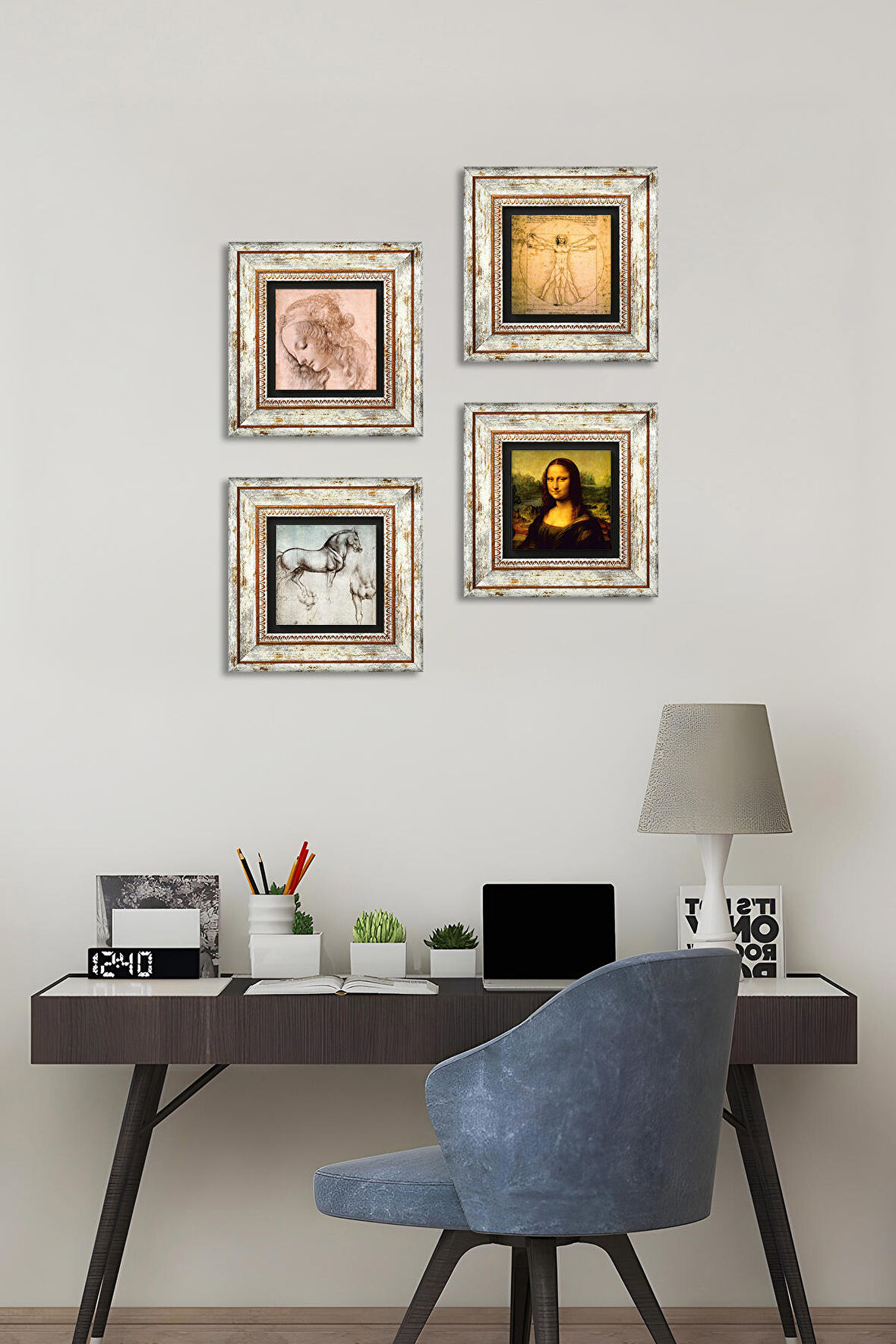 Leonardo da Vinci Taş Duvar Tablosu Çerçeveli Duvar Dekoru 4 Parça Tablo Seti Wall Art