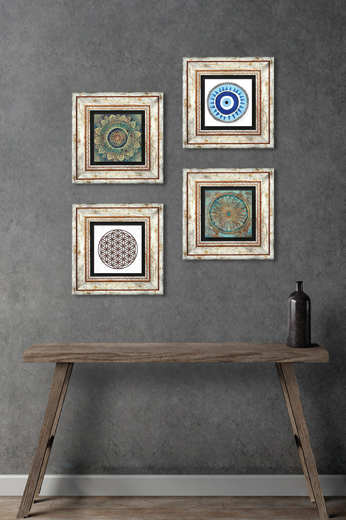 Nazar, Mandala, Yaşam Çiçeği Taş Duvar Tablosu Çerçeveli Duvar Dekoru 4 Parça Tablo Seti Wall Art