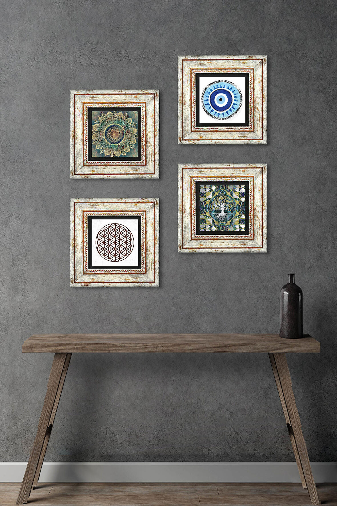 Nazar, Hayat Ağacı, Mandala, Yaşam Çiçeği Taş Duvar Tablosu Çerçeveli Duvar Dekoru 4 Parça Tablo Seti Wall Art