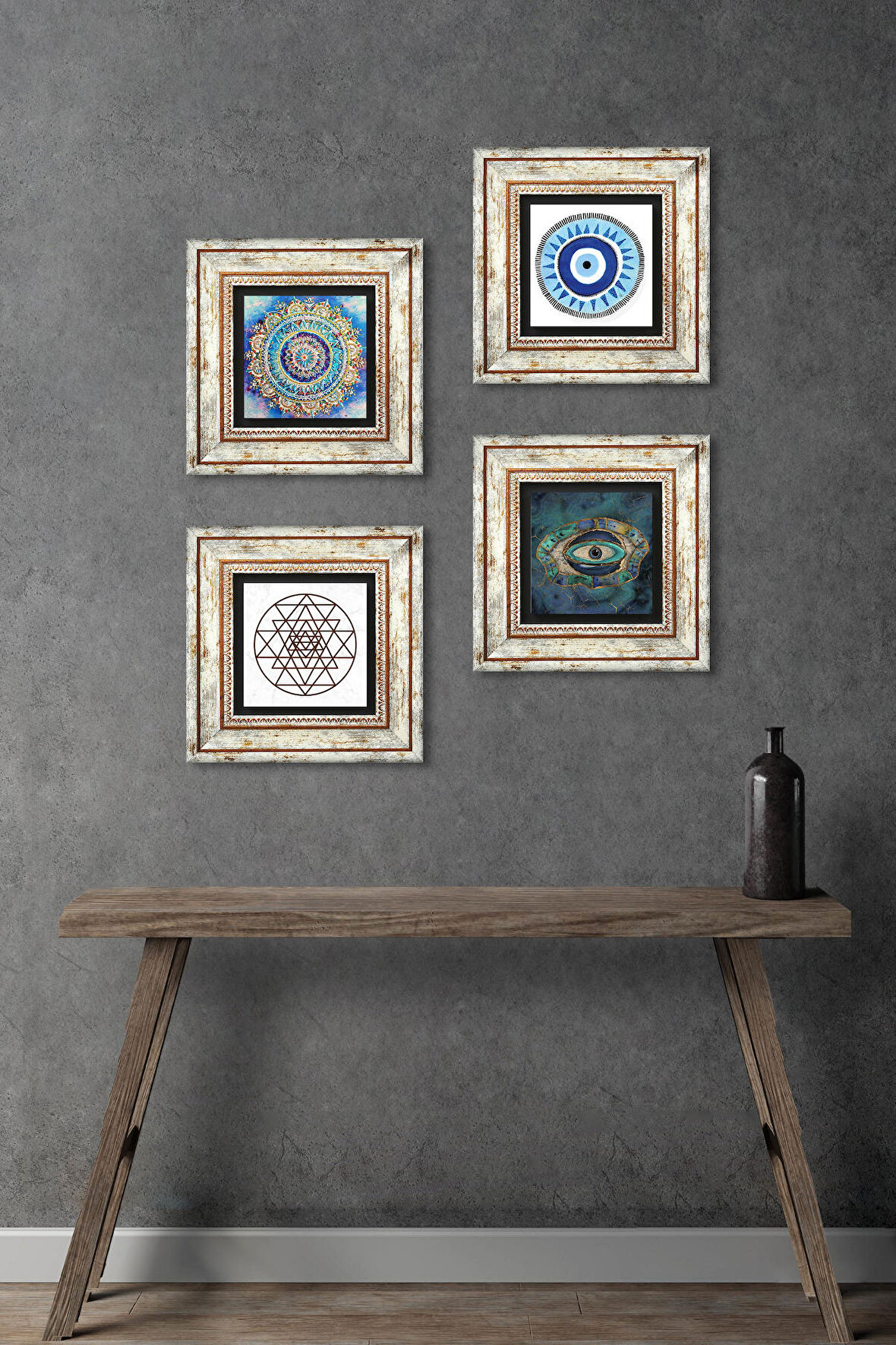 Mandala, Nazar, Sri Yantra Taş Duvar Tablosu Çerçeveli Duvar Dekoru 4 Parça Tablo Seti Wall Art